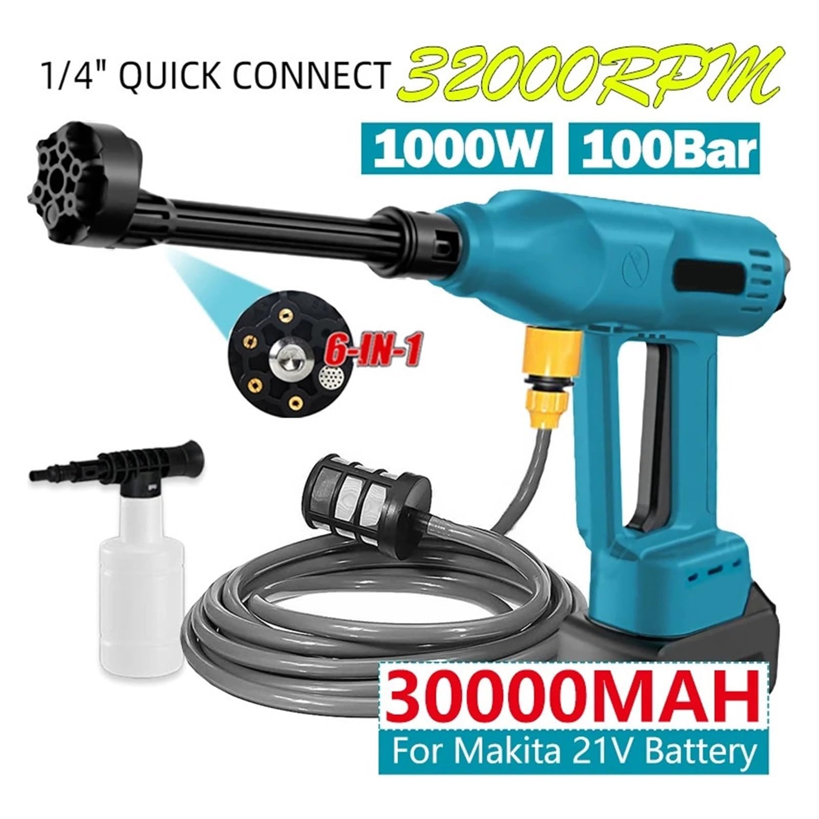 Lavadora De Coche Eléctrica 100bar, Pistola Agua Lavado Alta Presión, Motor Sin Escobillas, Limpiador Inalámbrico, Boquilla Ajustable Potente Chorro A PresióN