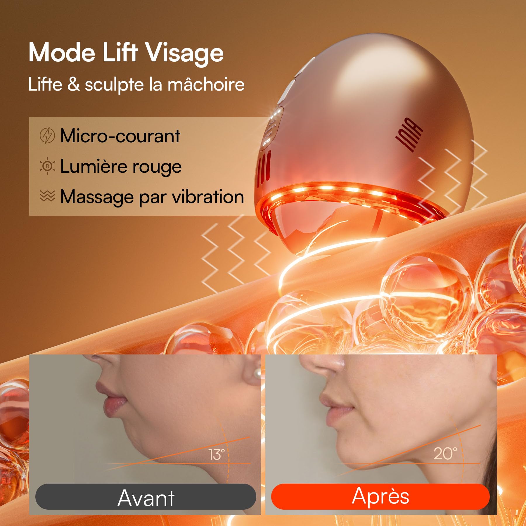 INIA Appareil de massage 7 en 1 pour le visage et le cou avec thérapie par lumière rouge, mode chaud et cryomode, purification et raffermissement