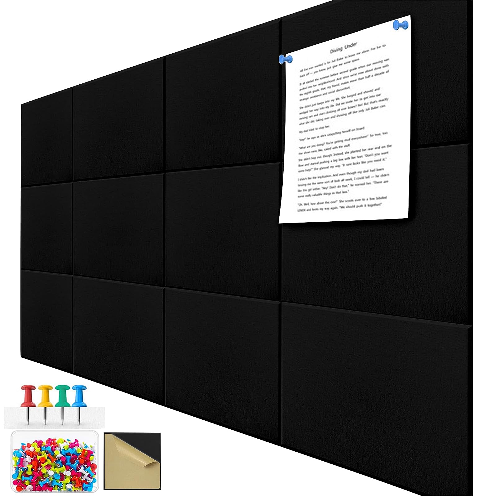 Felt Wall Tiles, 48 x 36 inches, 12 Pack with 60 Pins, Self-Adhesive Felt Panels, Large Cork Board Alternative, Pinboard, Bulleting Board (Black)
