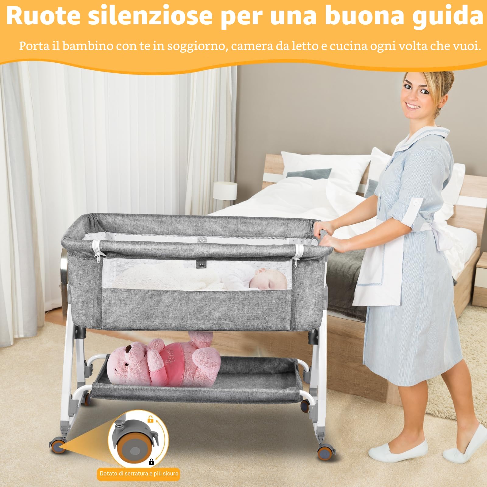 NIKYJM 3 in1 Culla Neonato Lettino Neonato 6 Regolazioni in Altezza Culla con Materasso Morbido e Culla per Bambini su Ruote Frenate Culla Next to me Compatibilità con Più Tipi di Letto