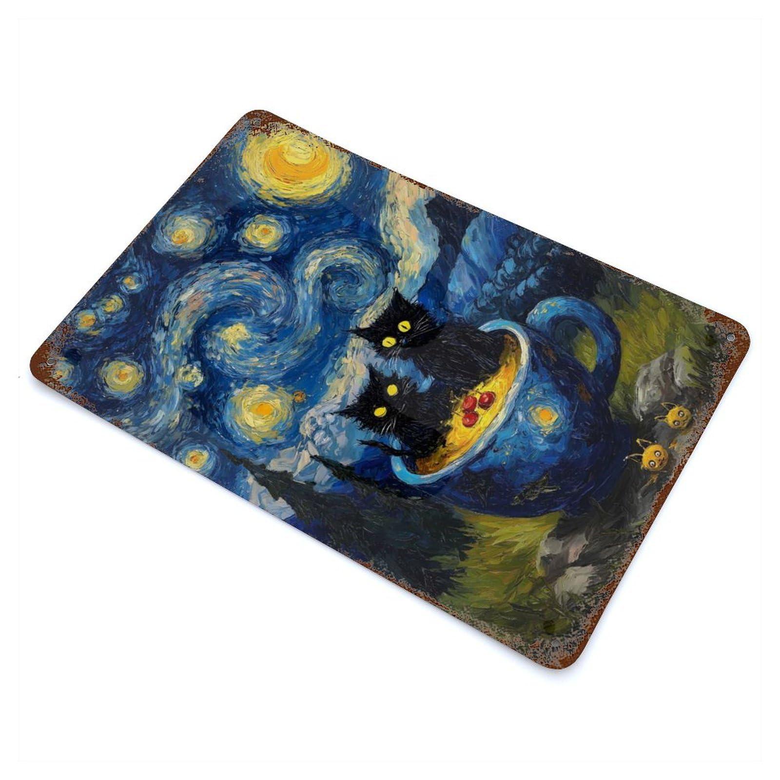 Cats in A Cup Starry Night Aged Metal Wall Plaque 11.8"x7.9", for Living Room, Hallway And Home Decor, Shabby Chic Decor