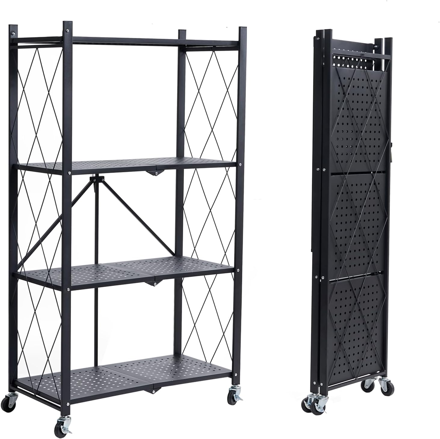 BRIAN & DANY 4-Tier Foldable Storage Shelves with Wheels, Folding Metal Rack Shelving Unit, Heavy Duty No Assembly Organizer Shelf for Garage, Kitchen, Basement, Pantry, Black
