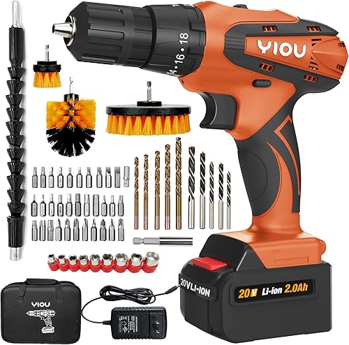 YIOU Kit de taladro/destornillador inalámbrico de 20 V MAX con batería y cargador, 56 piezas ACC y bolsa de herramientas, juego de taladro