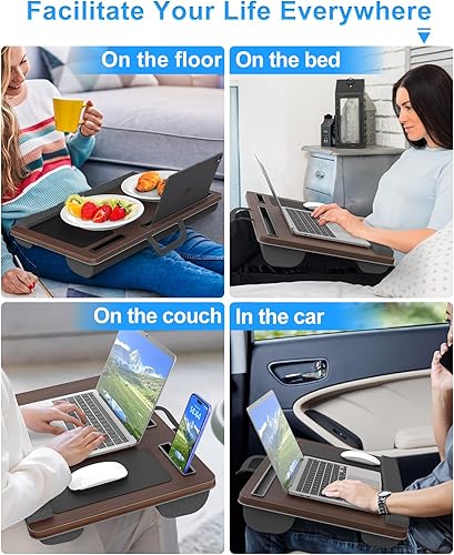 Miniatura 6 de Escritorio de regazo para laptop, escritorio portátil grande para cama, mesa de hasta 17 pulgadas con reposabrazos, alfombrilla de ratón, ranura