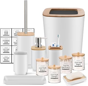IMAVO 11 Piece White Bathroom Set, Trash Can, Toilet Brush, Storage Tray, Complete Bathroom Accessories Organization Kit for Bathroom Decor and Home Gifts