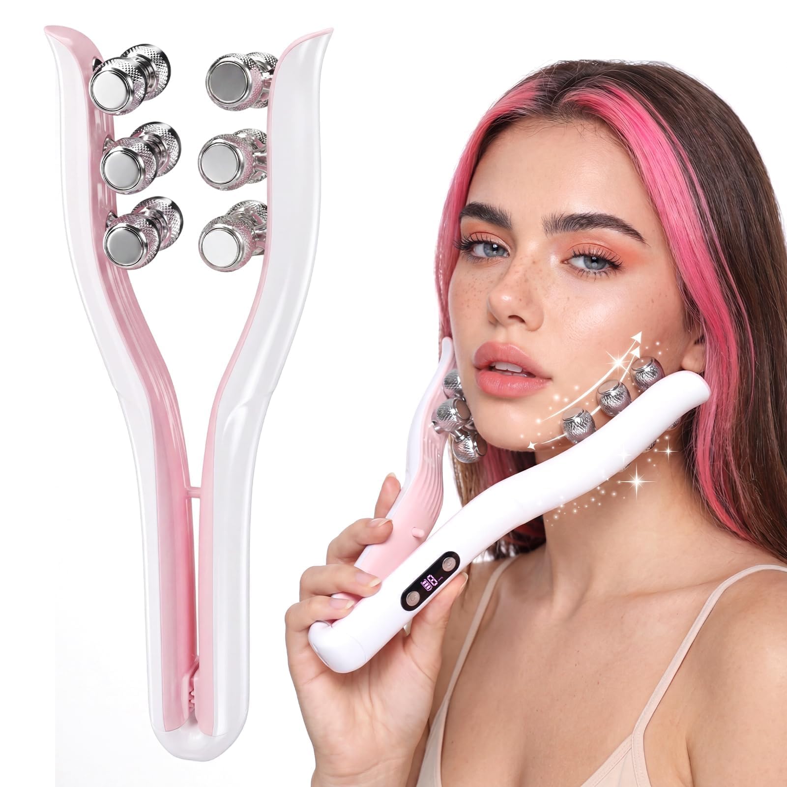 Massaggiatore viso elettrico 12 rulli, 3 modalità, ricaricabile USB | Design ergonomico a C, 9 livelli intensità per modellare contorni, tonificare pelle e ridurre gonfiori casa e viaggi.