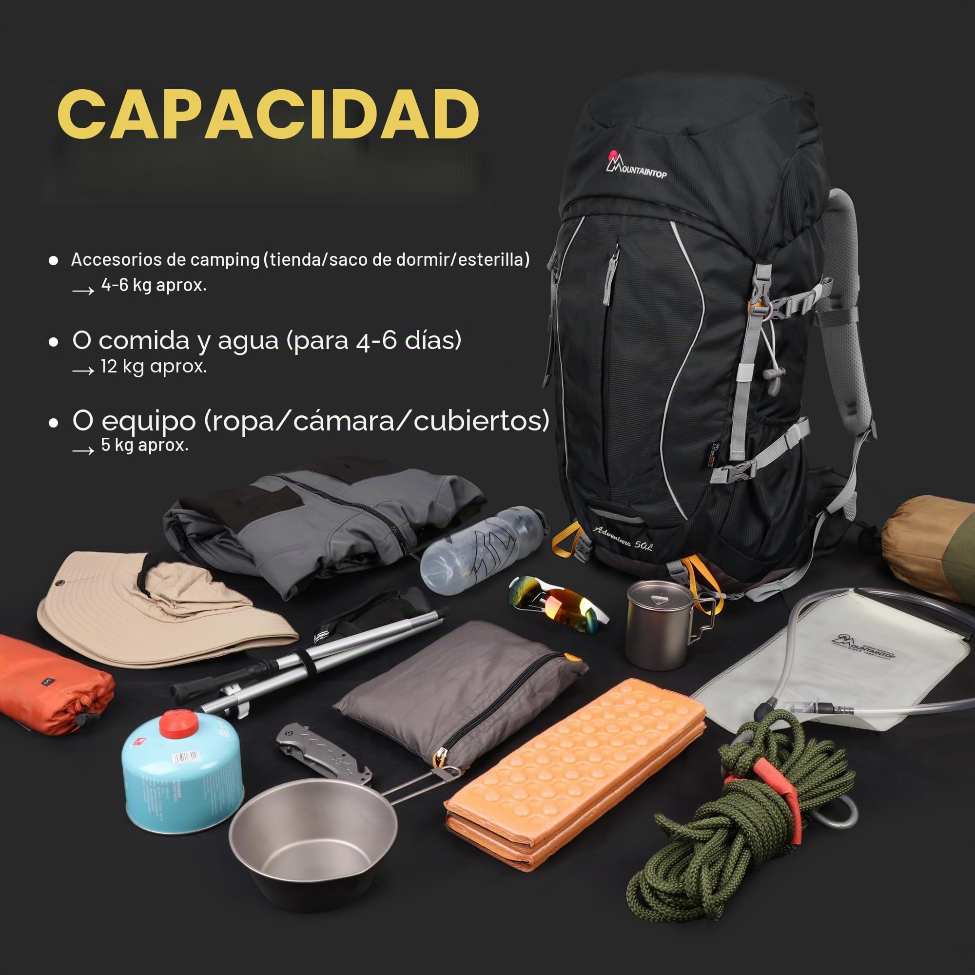 MOUNTAINTOP Mochila Trekking 50L Hombre Mujer Funda Lluvia | Ideal para senderismo montaña acampada y viajes de varios días, cremalleras YKK, soporte lumbar cinturón acolchado