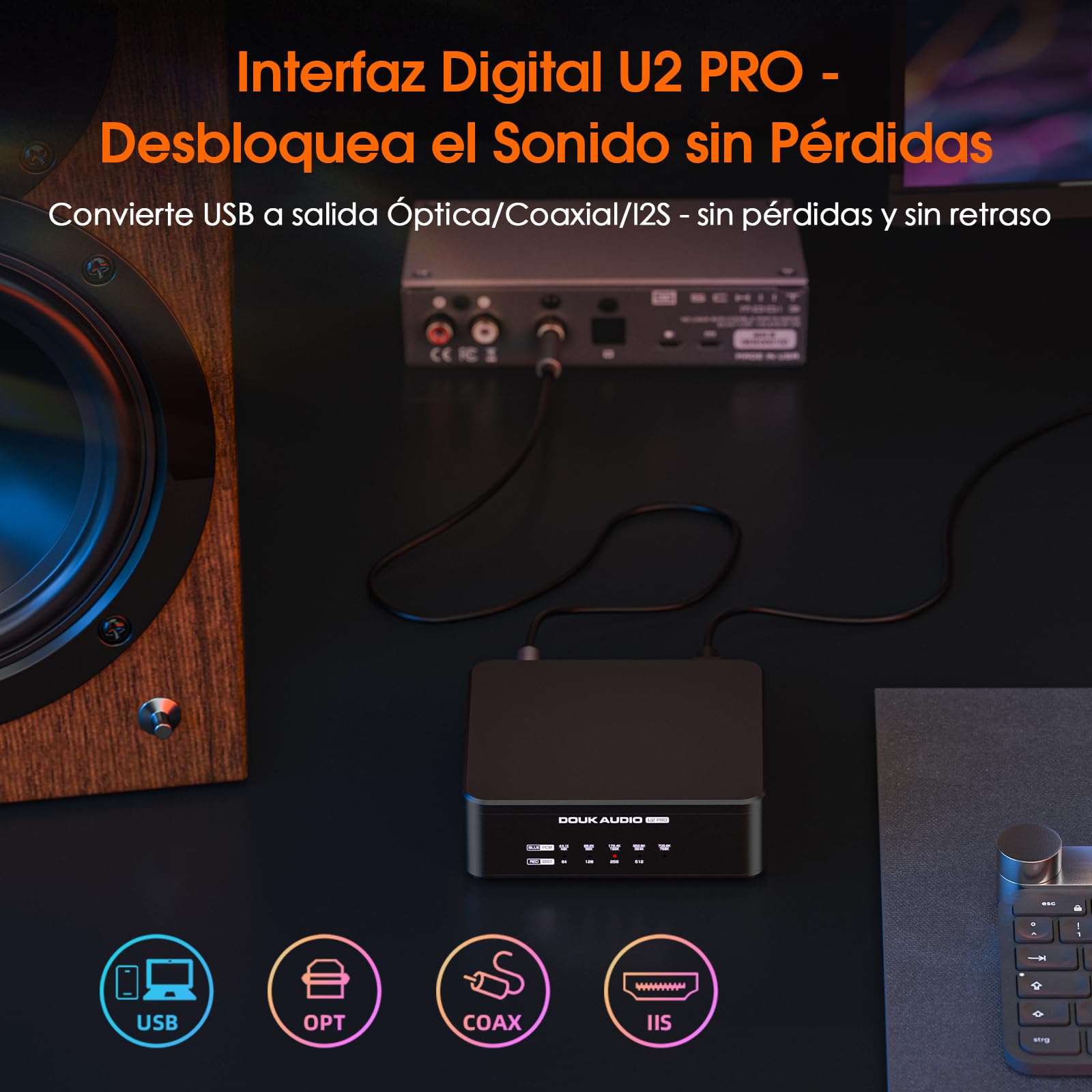 Douk Audio U2 PRO XMOS XU316 Interfaz digital USB DDC, USB-C a óptico/coaxial/HDMI-IIS, DSD512/PCM768kHz, convertidor de audio digital-analógico portátil