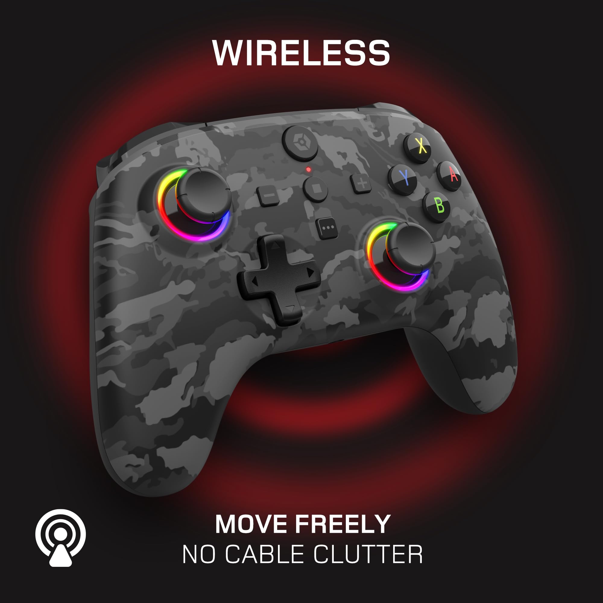 Gioteck WX5+ Dark Camo - Wireless Controller for Nintendo Switch 2 - Chat Menu Button - Hall Effect Thumbs and Triggers - Customisable RGB - Programmable Back Buttons