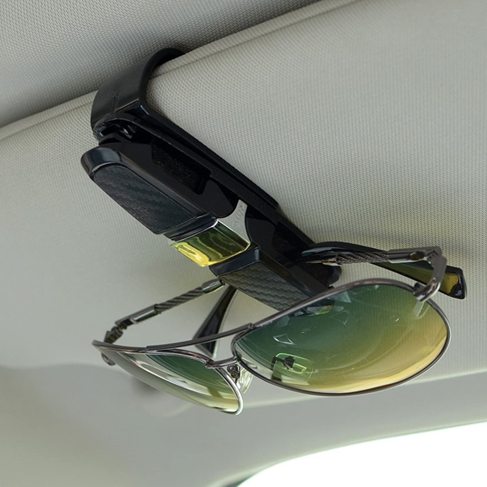 Glasses Holder for Car Sun Visor, 180 Degree Rotatable and Built-in Sponge Sun-Glasses Mount Car with Double-Ended Clips and Ticket Card Clip Black