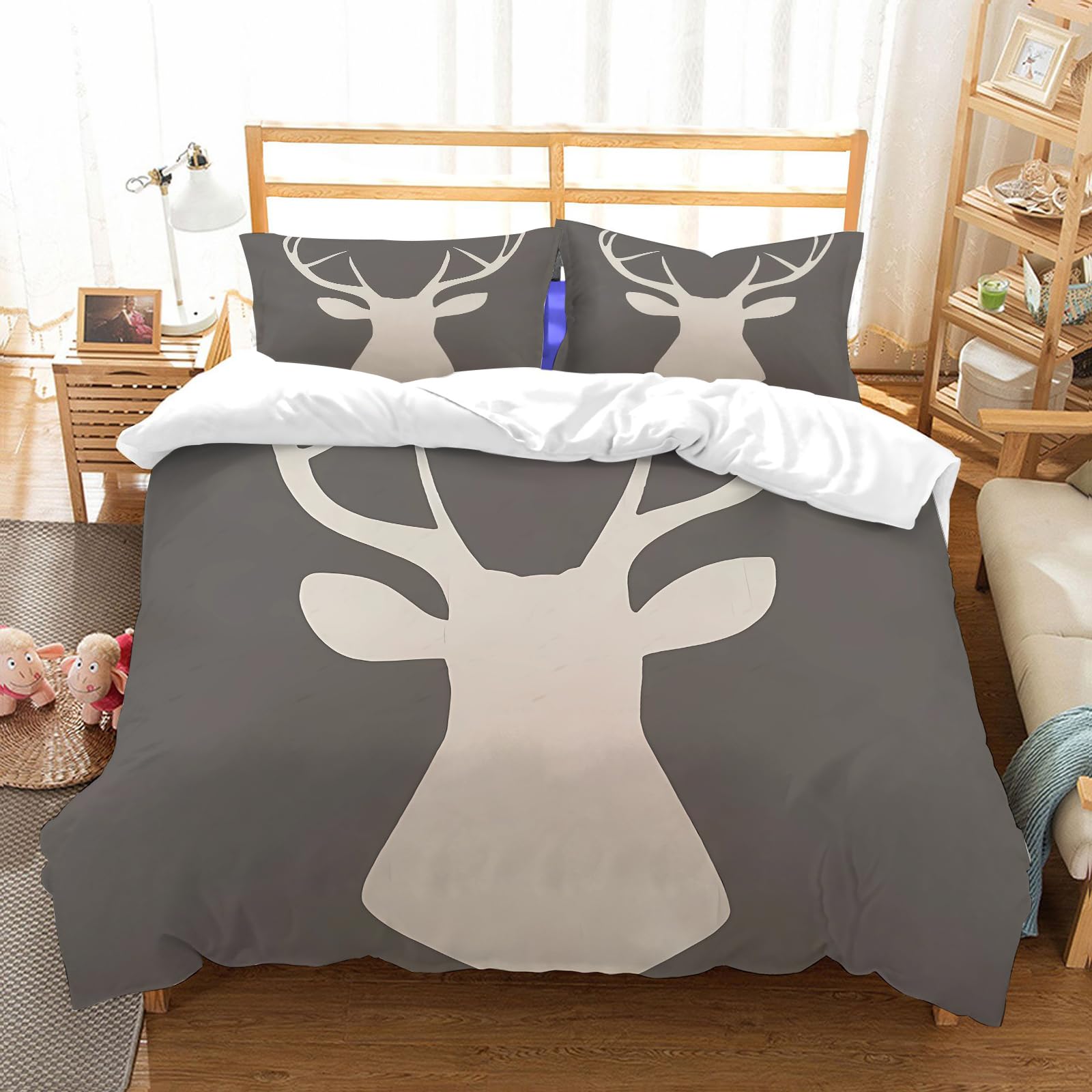 Ensemble de literie microfibre 228x264cm avec 2 taies d'oreiller motif cerf