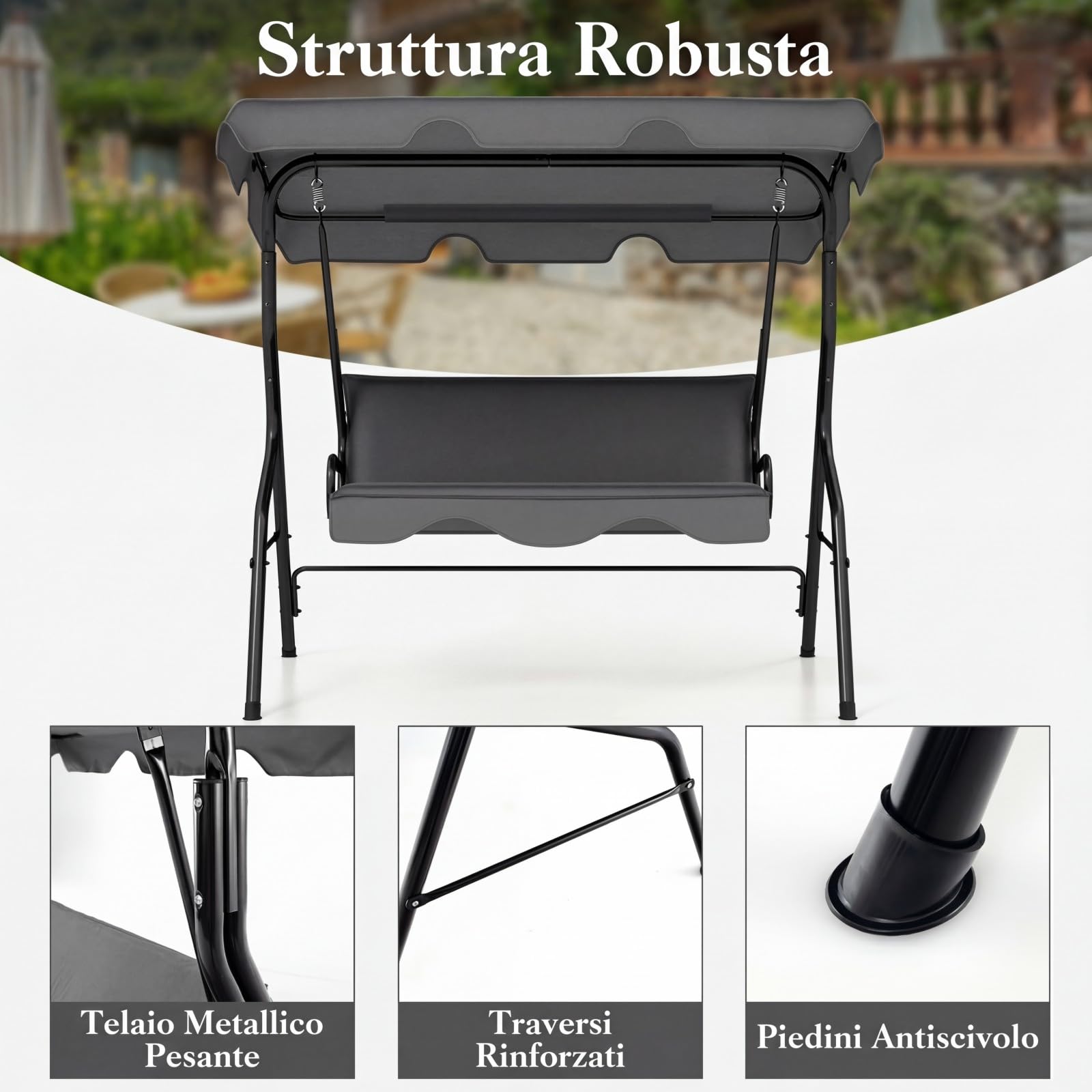 COSTWAY Dondolo da Giardino 3 Posti con Tettuccio Regolabile, Cuscino Removibile, Sedia Sospesso con Struttura in Metallo, Portata 225 kg, 172 x 110 x 154 cm (Grigio)