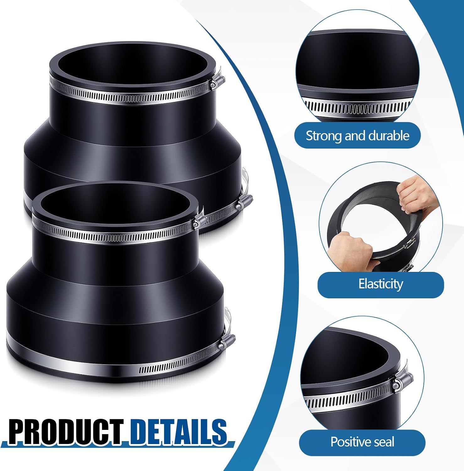 2 Pack 8" to 6" Flexible Rubber Coupling, Reducer Coupling for Pipe Cast Iron PVC Steel Plastic Lead, Pipe Connector with Stainless Steel Clamps