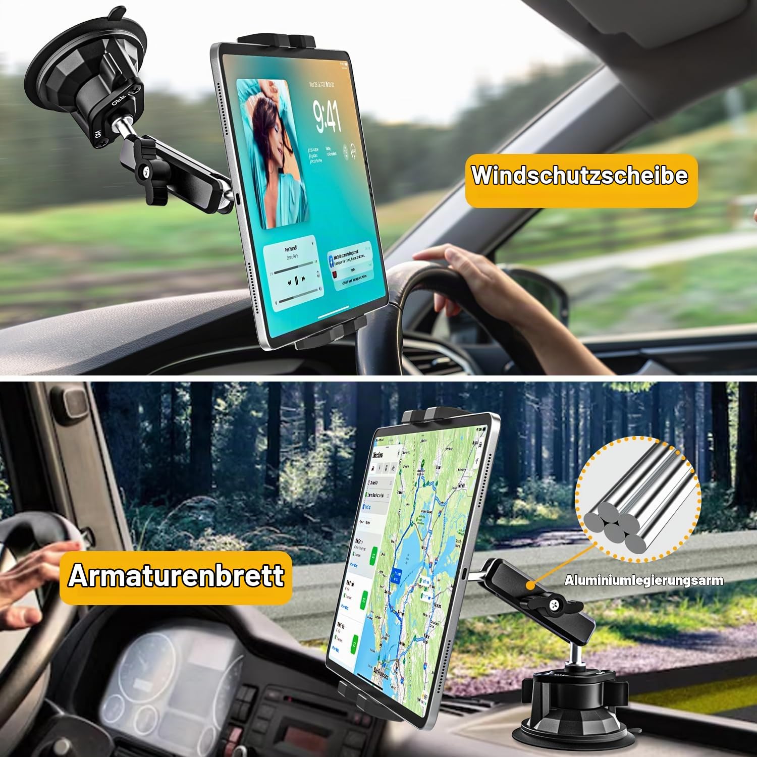 Robust Auto Tablet Halterung Starkem Saugnapf - Tablet Autohalterung Vorne | Armaturenbrett Windschutzscheibe Fenster Halter Cockpit für iPad Pro/ Air/ Mini, Galaxy Tab/ Z Fold, Fire, Handy, 4-13"