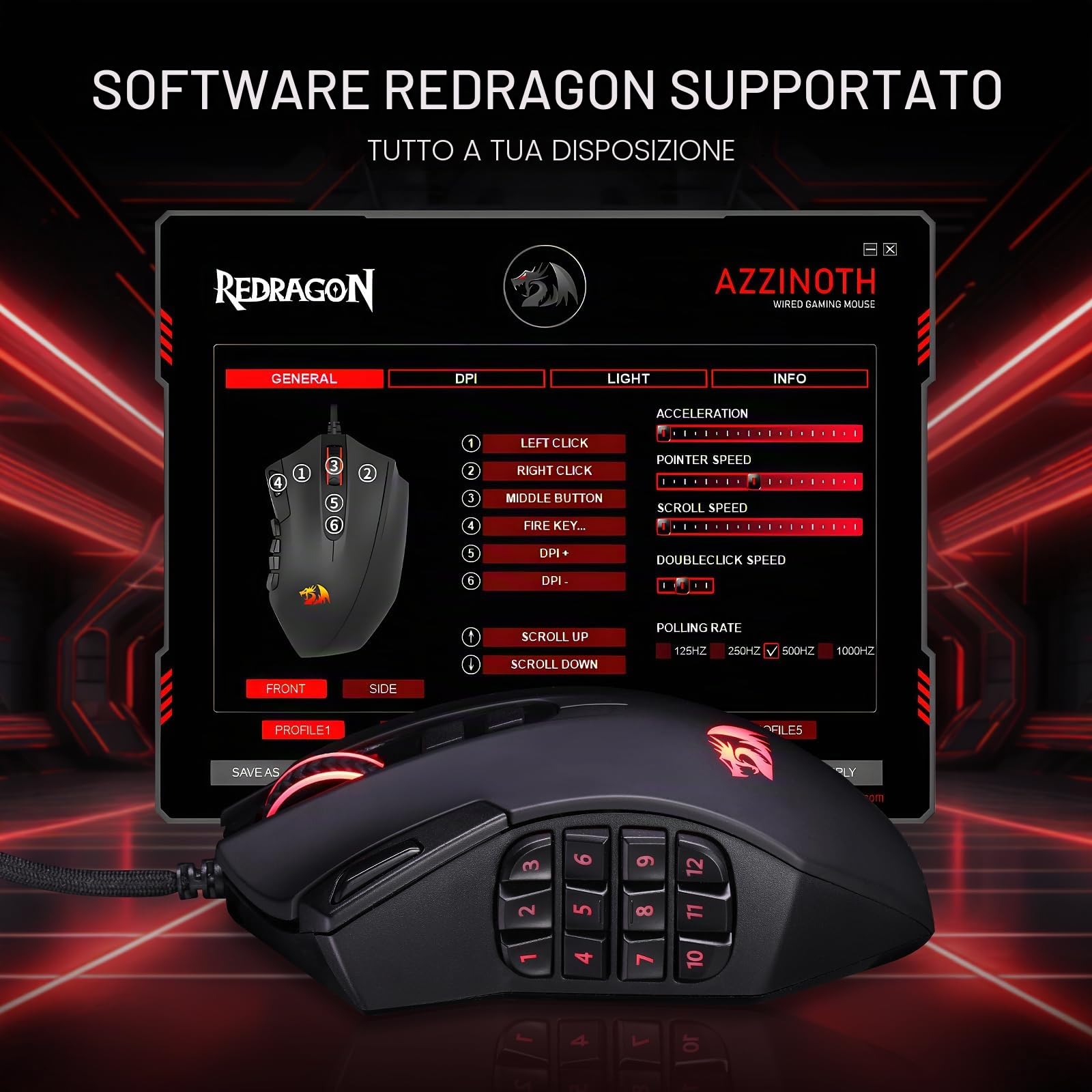 Redragon M921 Mouse MMO Cablato RGB 12400 DPI 18 Tasti Programmabili Gioco | 12 Tasti Macro Laterali Alta Precisione Supporto Software per PC Portatile Gioco