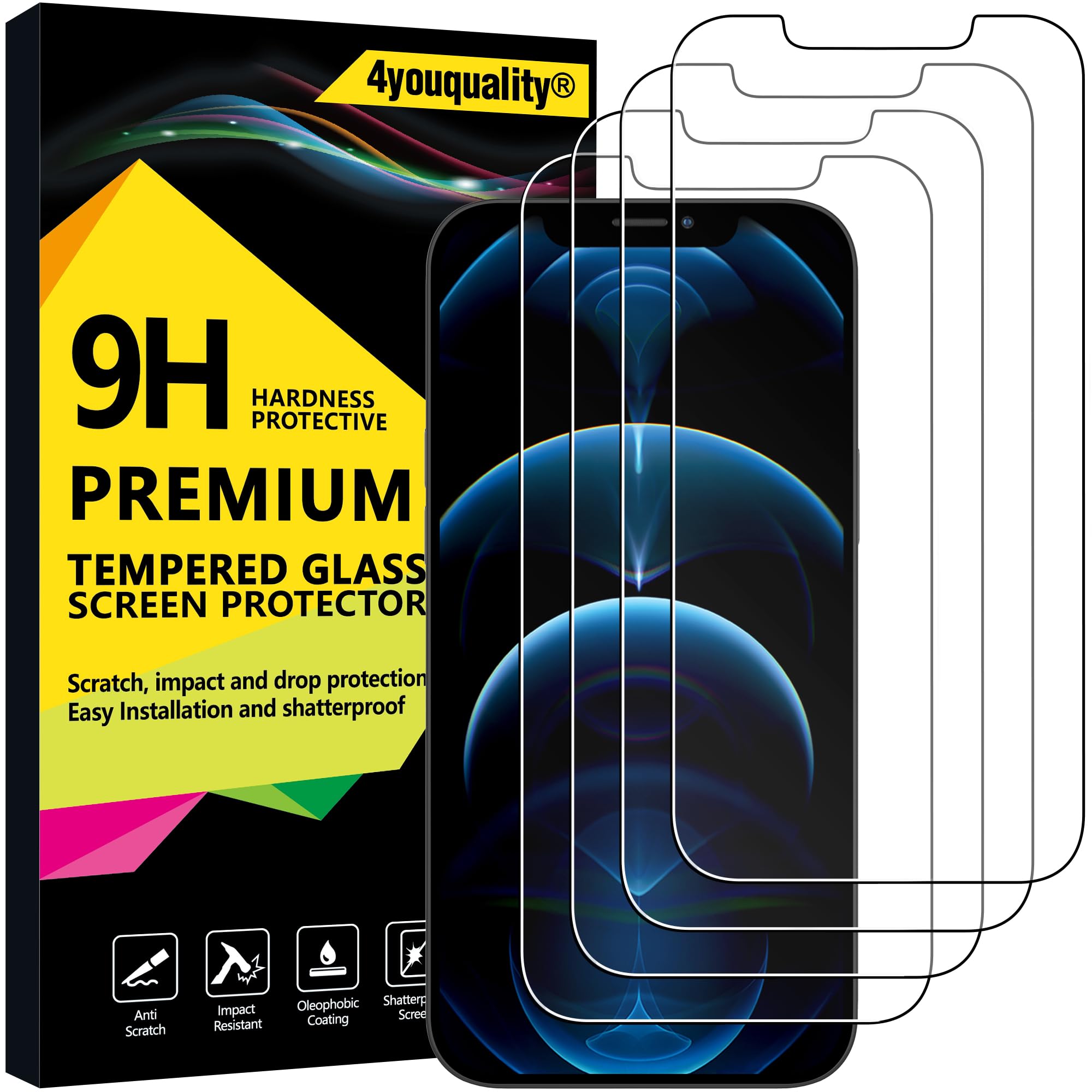 4youquality [4-Pack] Screen Protector for iPhone 12 Pro Max (6.7-Inch), Tempered Glass Film, [LifetimeWarranty][Anti-Scratch][Anti-Shatter]