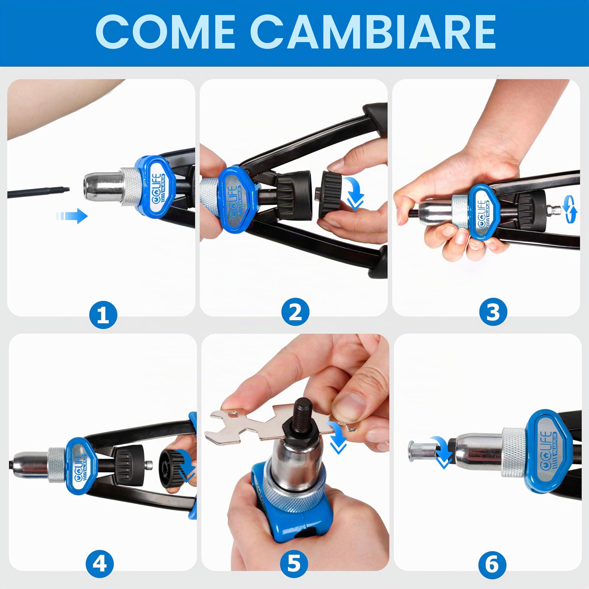 CCLIFE Rivettatrice Manuale per Inserti Filettati, Set con Mandrini M5 M6 M8 M10 M12 e 150 Dadi per Rivetti in Acciaio Inossidabile
