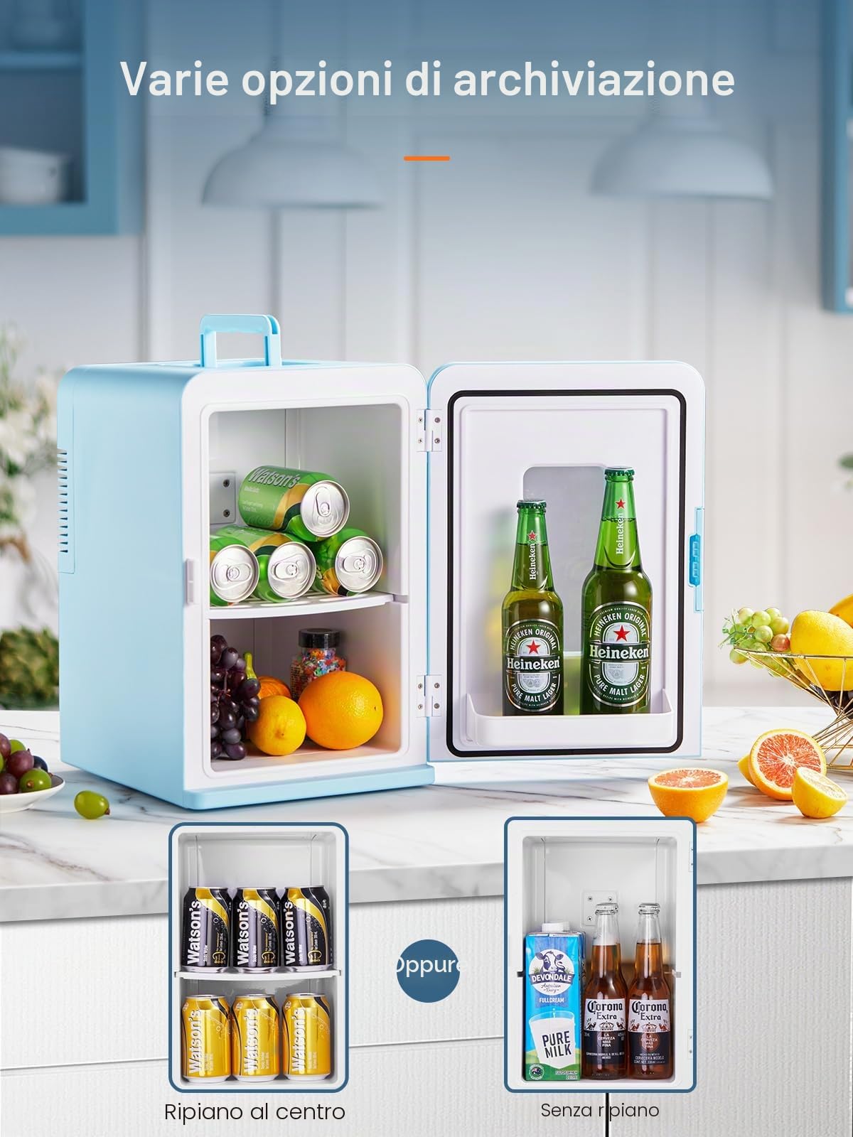 FOHERE Mini Frigo 2 in 1, Frigorifero Portatile da 15 Litri con Funzione di Raffreddamento e Riscaldamento, 12V DC/220V AC per Auto, Uffici e Camere da Letto (Blu)