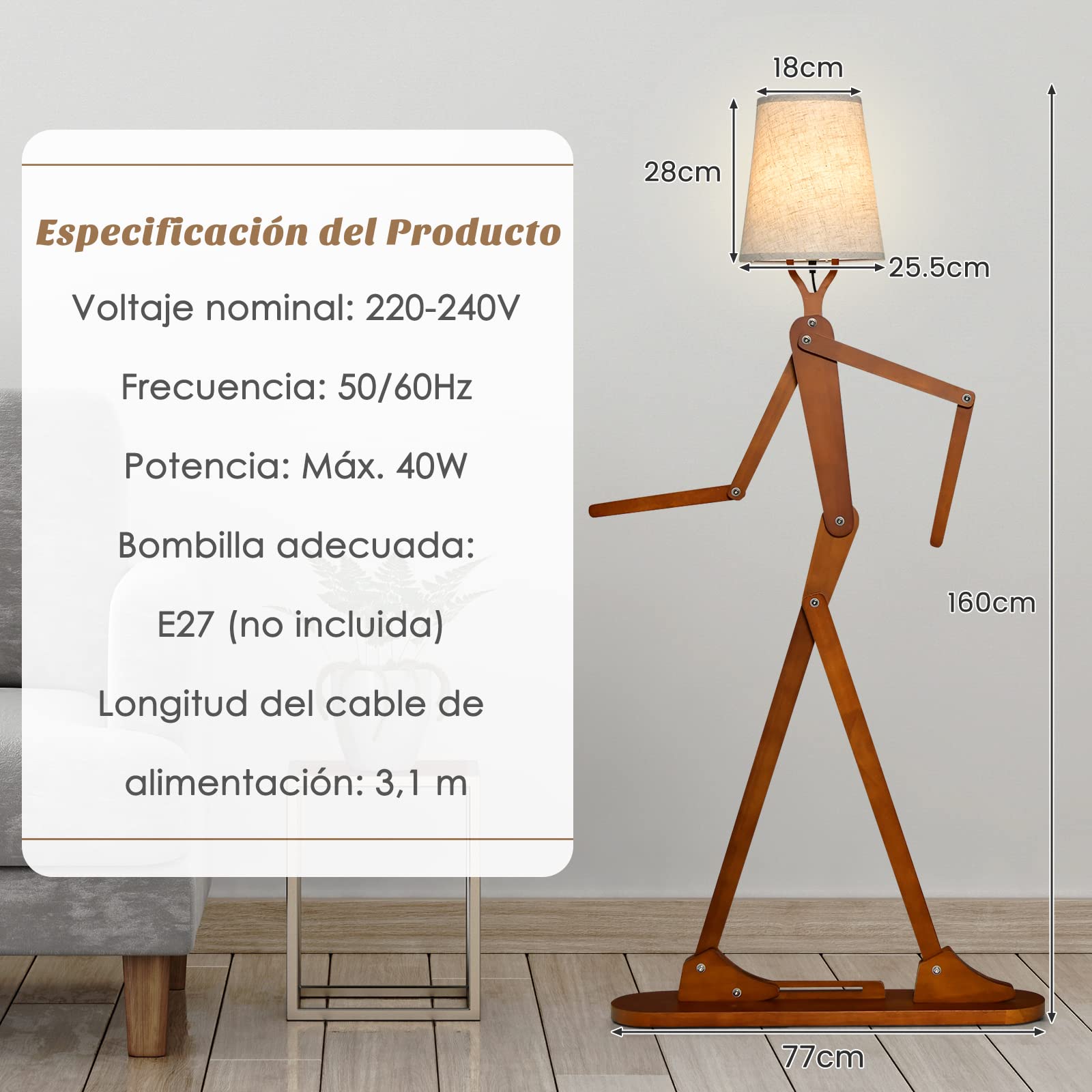 COSTWAY Lámpara de Pie Madera, Forma Creativa humanoide, Articulaciones Ajustables, Lámpara de Salón, Dormitorio, Max.40W