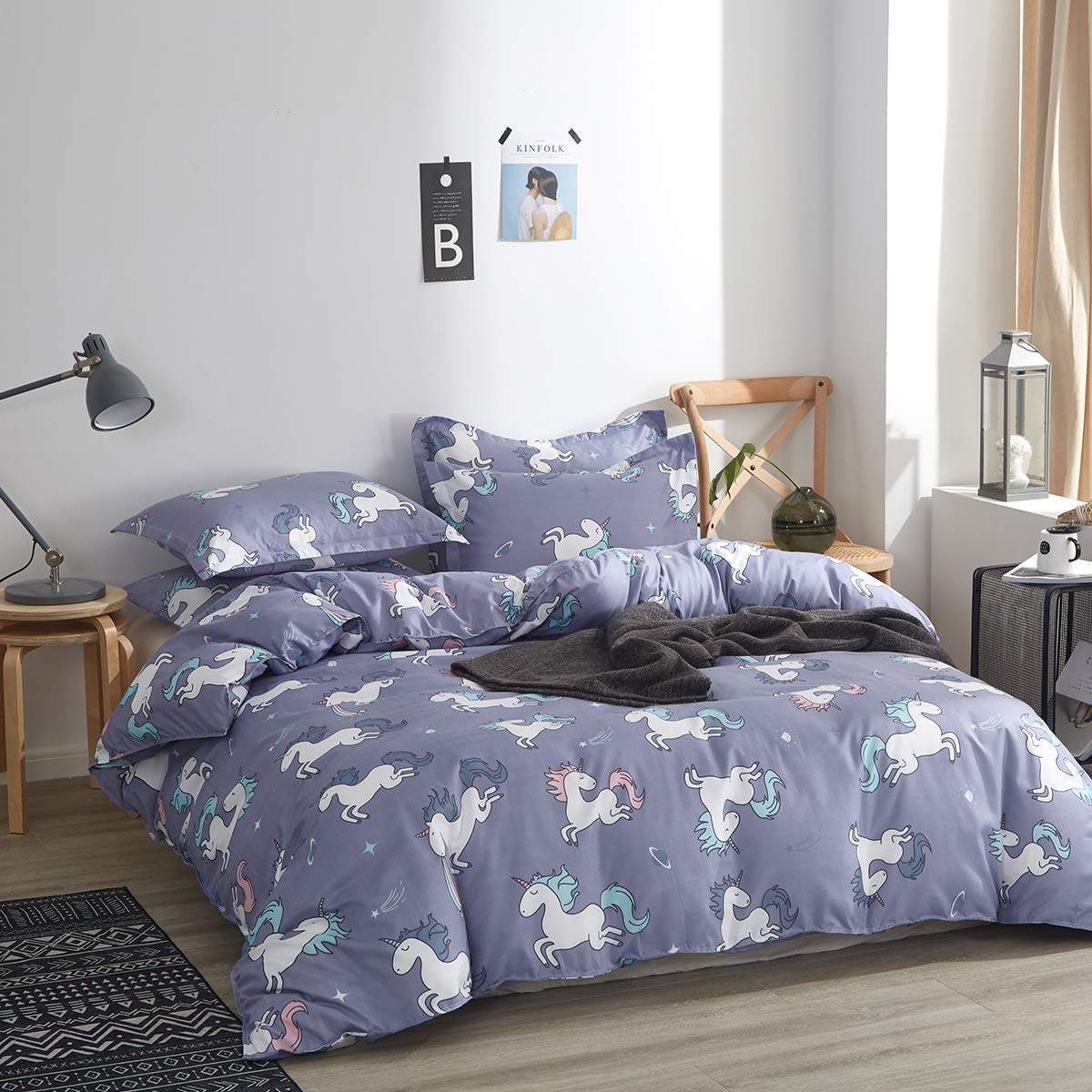 UOZZI BEDDING Unicorn Comforter Set Blue-Gray with Colorful Unicorn Cute Girls Comforter Set