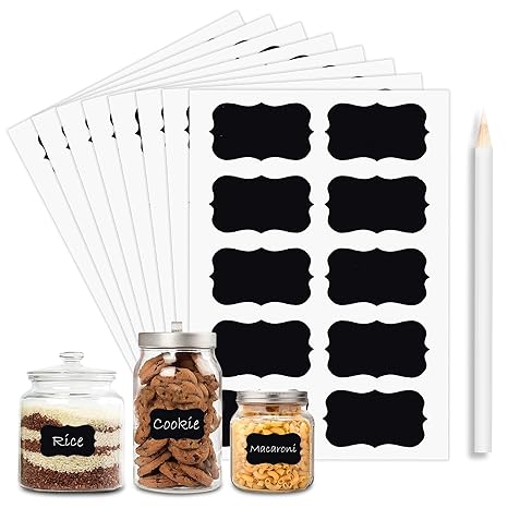 GLUN 100 Piece Waterproof Vinyl Black Labels Stickers for Mason Jar Glass & Plastic Bottles, 100 Labels Piece Stickers with 1 Piece White Pencil, Self-Adhesive Spice