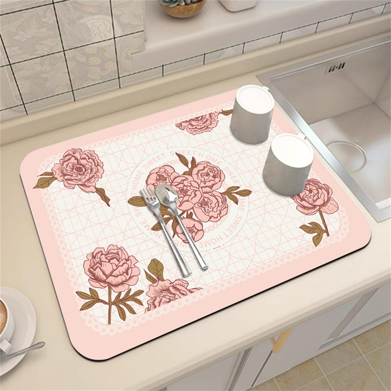 Alfombrillas Para Secar Platos, Elegante En Mal Estado, Rosa Y Blanco Floral Sobre Azul, Absorbente, Escurridor De Platos, Alfombrilla Para Fregadero, 41X46 CM