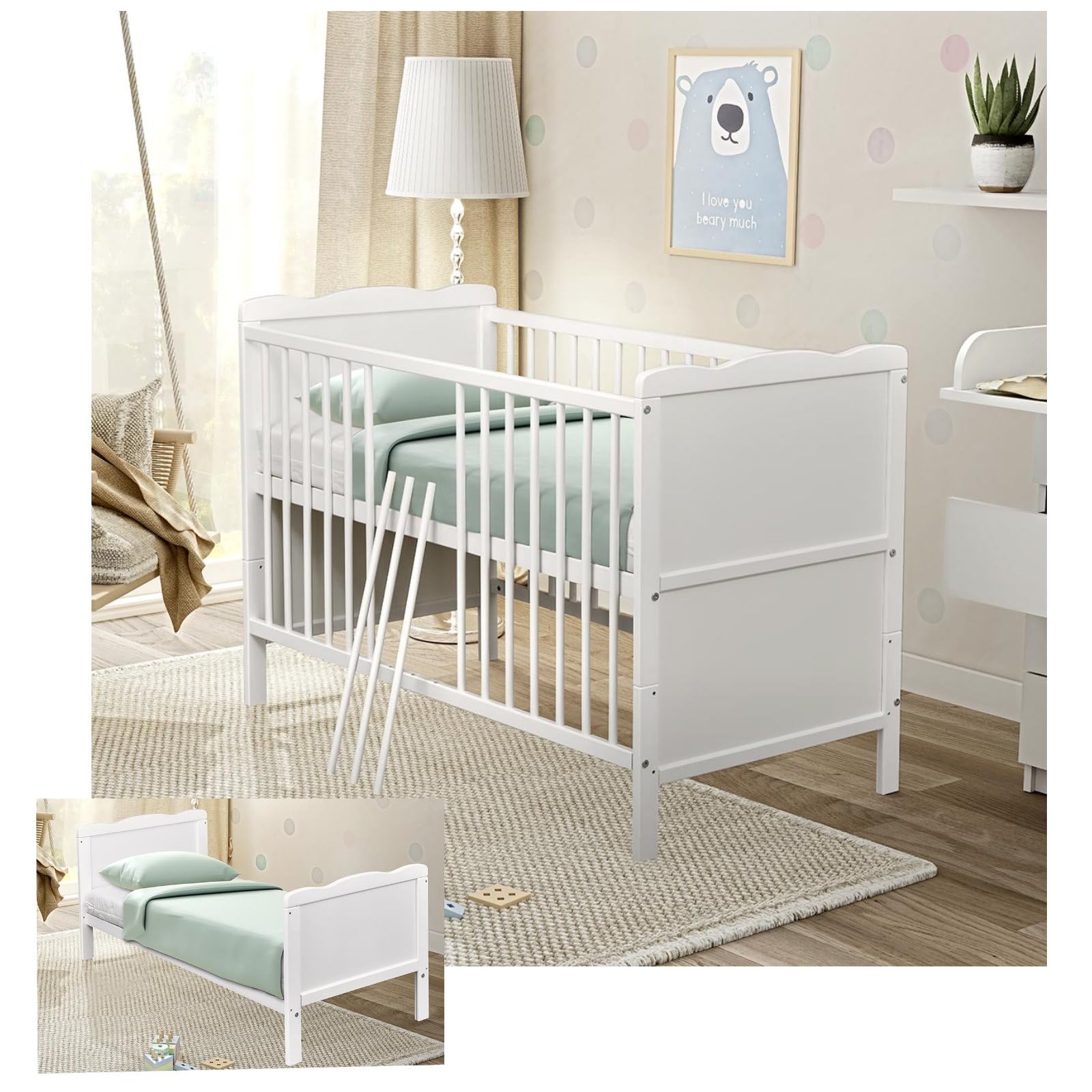 Babybett 60x120 cm weiß Kinderbett mit Aloe Vera Matratze umbaubar zum Juniorbett mit Beißschienen Max