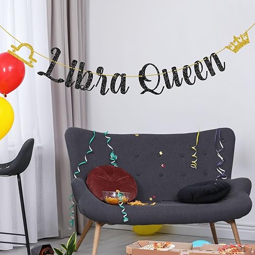 Miniatura 5 de Cartel negro con purpurina Libra Queen, pancarta de temporada de Libra para niñas Libra mujeres, decoración de fiesta de cumpleaños, guirnalda de