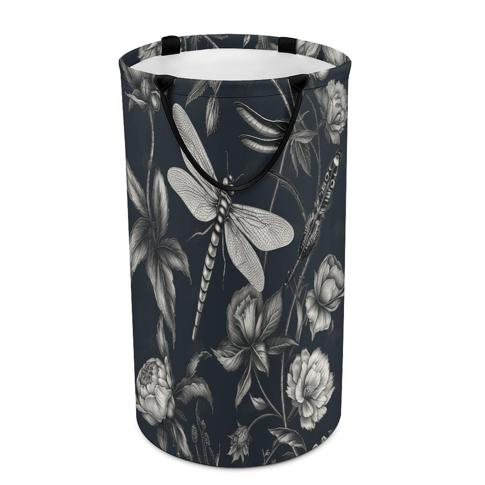 Black Flowers And Dragonfly Laundry Hamper 86L Waterproof Collapsible Clothes Basket with Double Handles Freestanding Foldable Laundry Basket Large Clothes Hamper for Bathroom