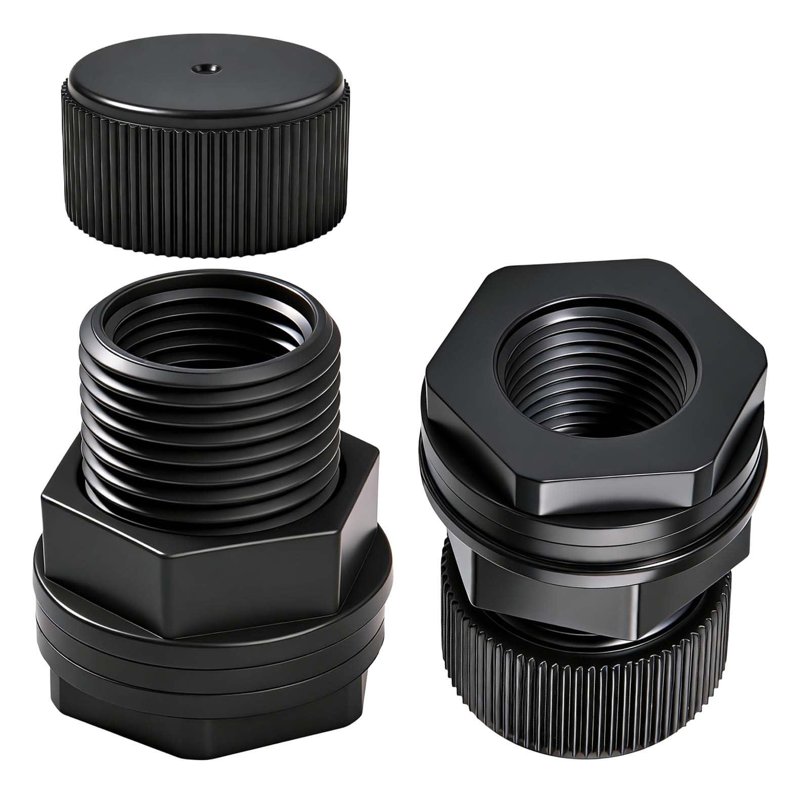 LEONTOOL 2 Packs PVC Garden Hose Bulkhead Fitting with Plug, 3/4" Male GHT, 1/2" Female NPT Double Threaded Bulkhead Water Tank Connector Drain/Flush Port Kit for Rain Barrels, Aquariums, Water Tanks