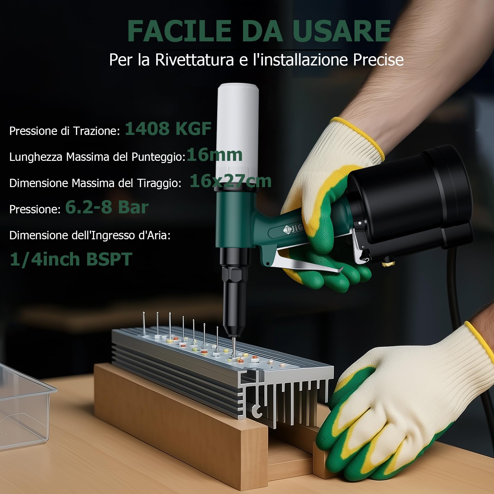 JiGiU Rivettatrice ad Aria Professionale per Rivetti 2.4-4.8mm Rivettatrice Pneumatica 1408KGF con Forza di Trazione, Attacco Europeo e Grifi - per Auto, Industria, Fai Da Te