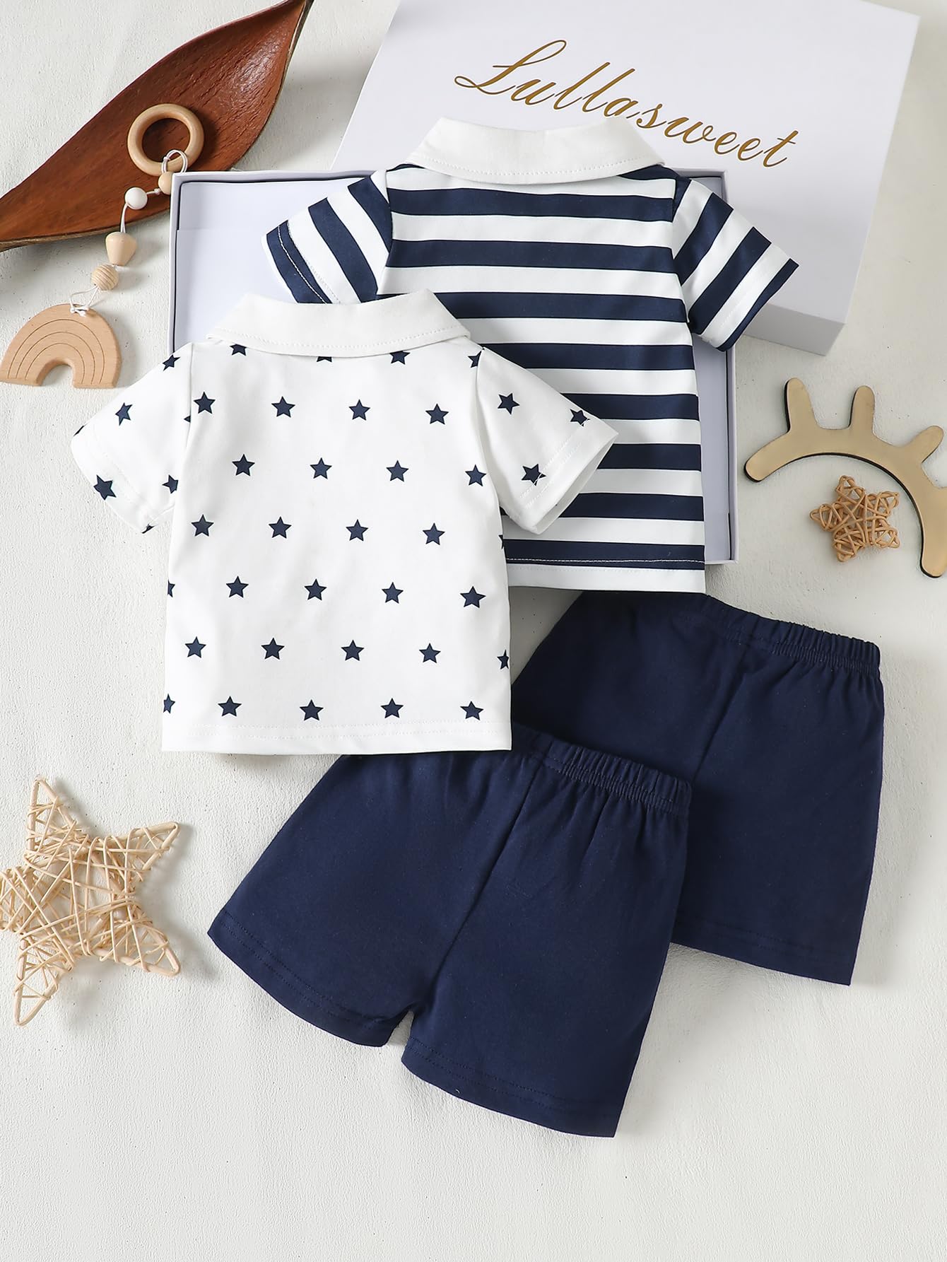 Conjunto de camiseta polo y pantalones cortos para bebé, 2 piezas, azul marino, blanco, estrellas, rayas, conjunto de ropa de verano para recién nacido — view 2