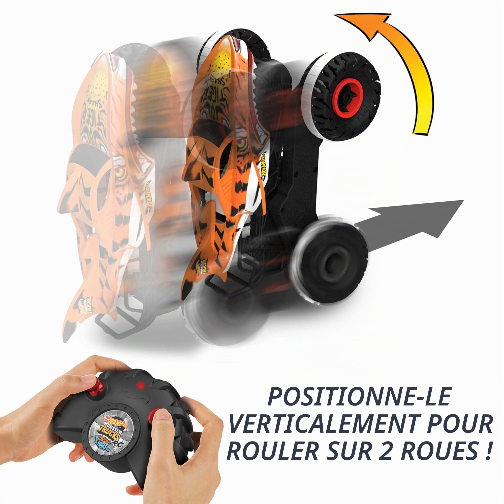 Hot Wheels Monster Trucks Voiture Télecommandé, Requin-Tigre Inarrêtable avec Pneus Tread Attack et Technologie Terrain Stomp, Conduite sur 2 ou 4 Roues, Jouet pour Enfant de 4 Ans et Plus, HGV87