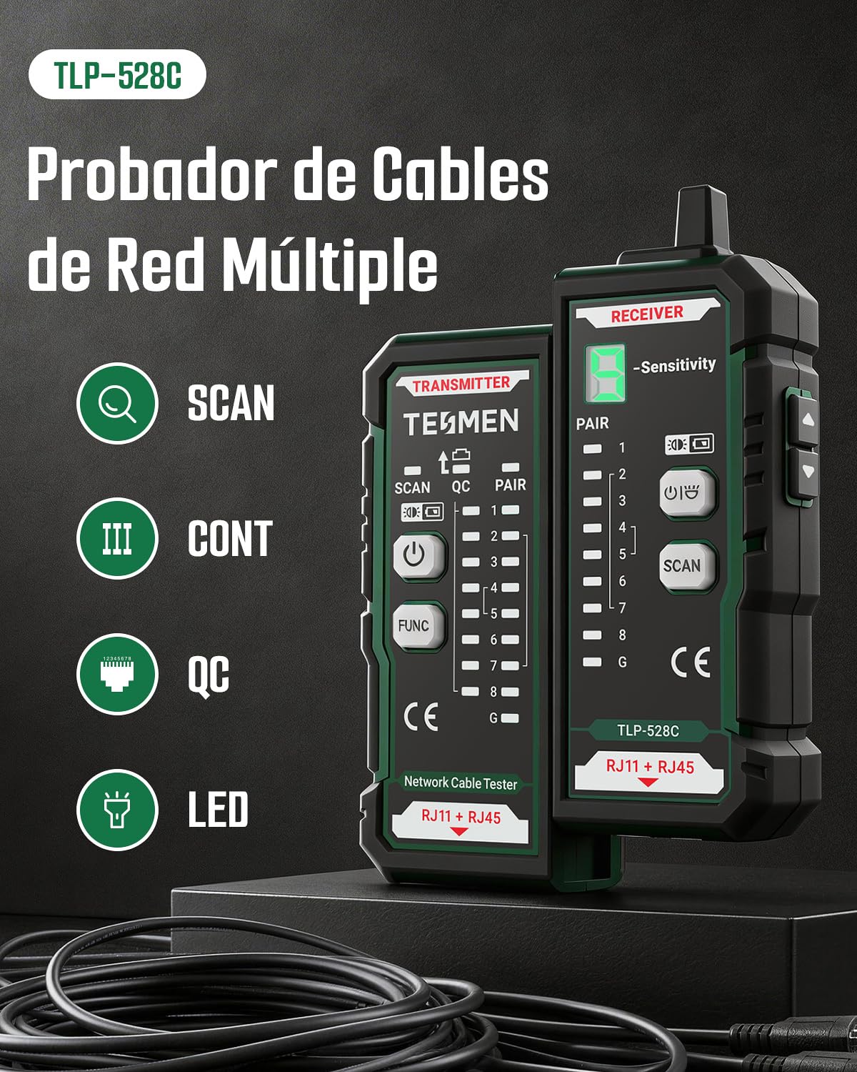 TESMEN TLP-528C Probador de cables de red, RJ11/RJ45, localizador Ethernet CAT5/CAT6 con prueba de continuidad & QC, buscador de líneas LAN y telefónicas, ideal para mantenimiento de cables – Verde