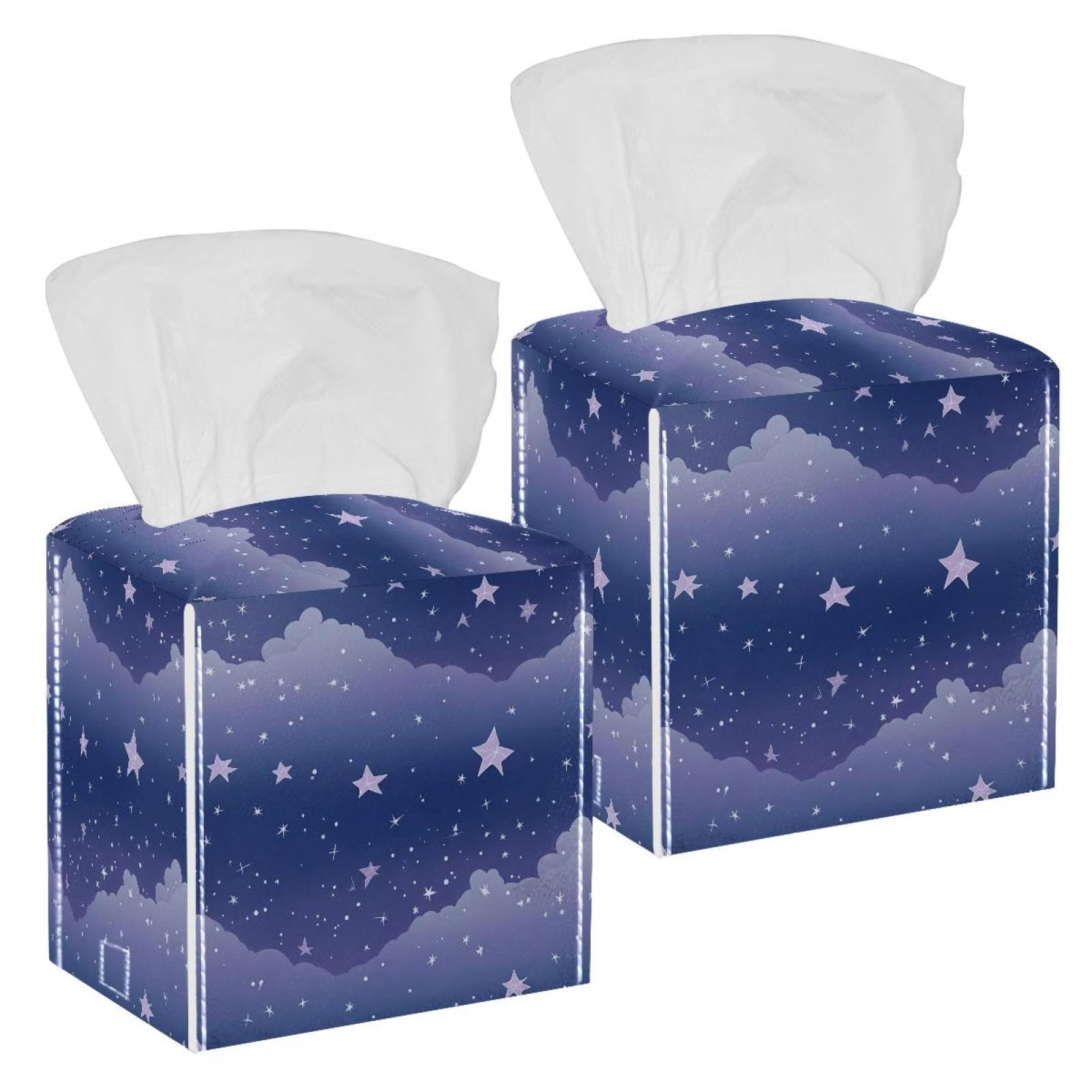 Purple Starry Sky Tissue Box Cover, 2 Pack PU Leather Square Facial Tissue Dispenser Box holder for Home Office Car