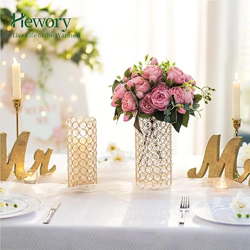 Miniatura 3 de Hewory - Jarrones cilíndricos de cristal dorado para centros de mesa, 2 portavelas con cuentas de cristal con purpurina, florero brillante para ramo