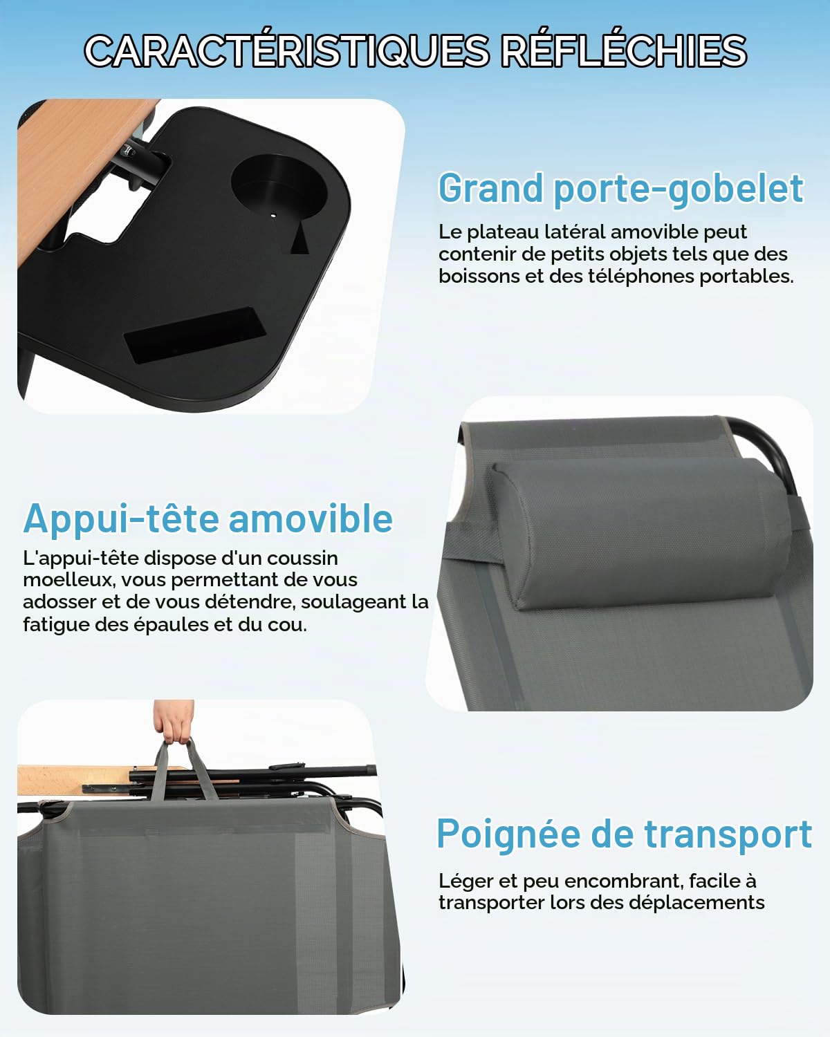 Chaise Longue Pliable avec Dossier Réglable à 4 Positions, Transat Bain de Soleil avec Accoudoirs en Bois, Bain Soleil pour Balcon Jardin Piscine et Plage, Charge Max 150 kg (Gris avec Pare Soleil)