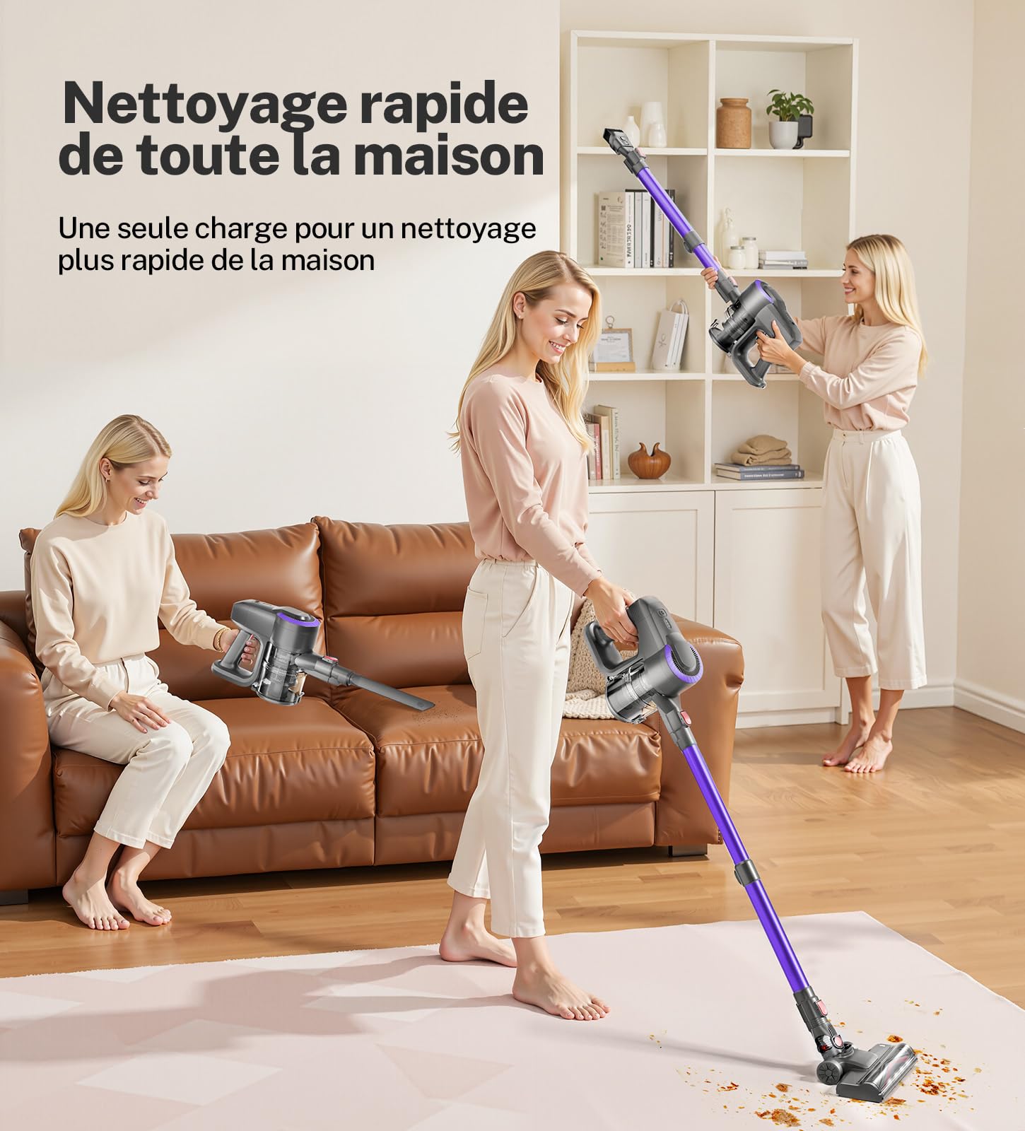 Aspiradora inalámbrica con batería, 30000 Pa/55 min, cepillo antienredos y de pie, aspiradora de mano ultraligera con batería para alfombras, suelos duros, pelo de animales