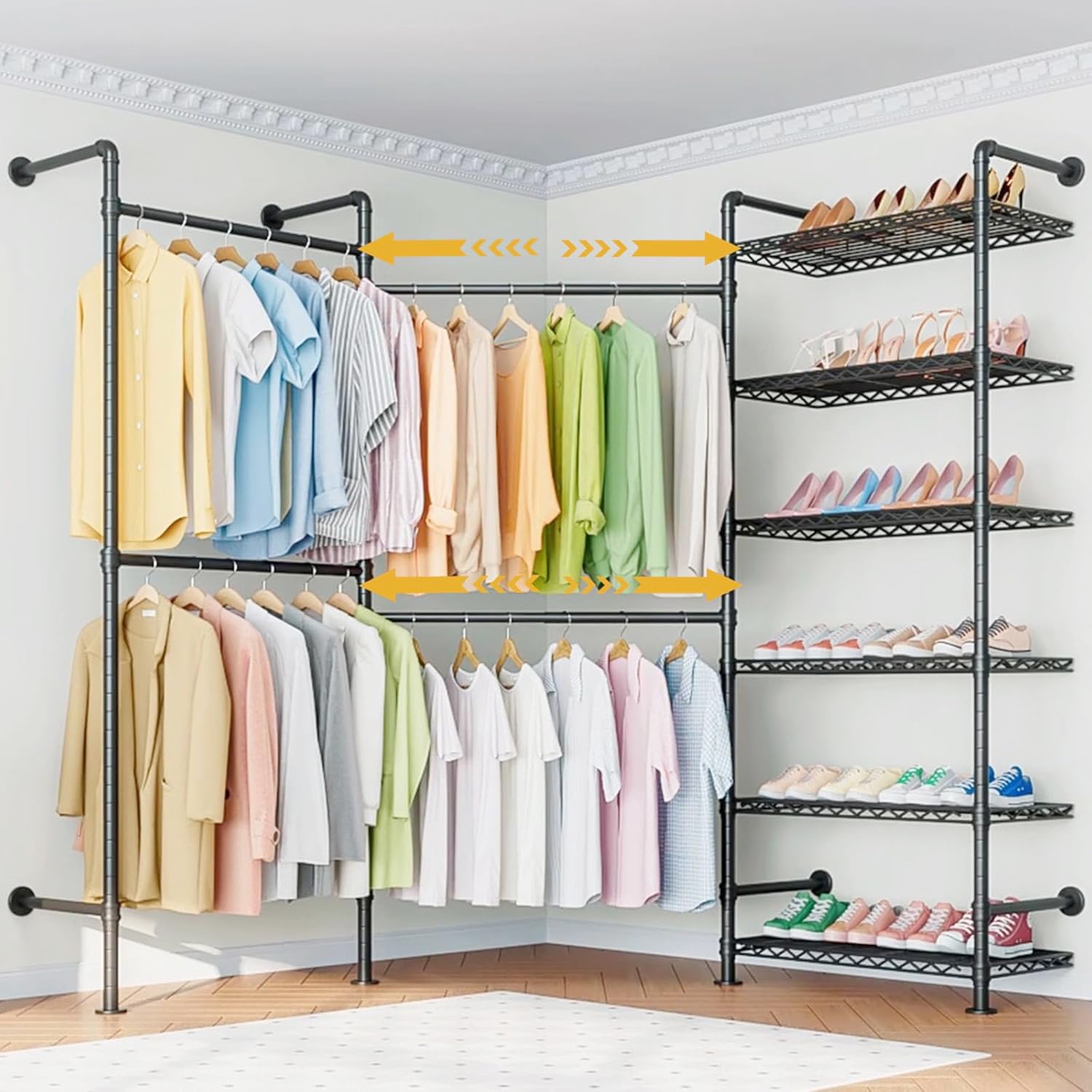 Wooruy Heavy Duty Clothes Rail with 6 Shelves 2 Expandable Rods,Wall Mounted Clothing Rails Expandable Industrial Pipe,Metal Garment Rail Rack with Adjustable Shelves for Clothes,Shoes,Bags,Black
