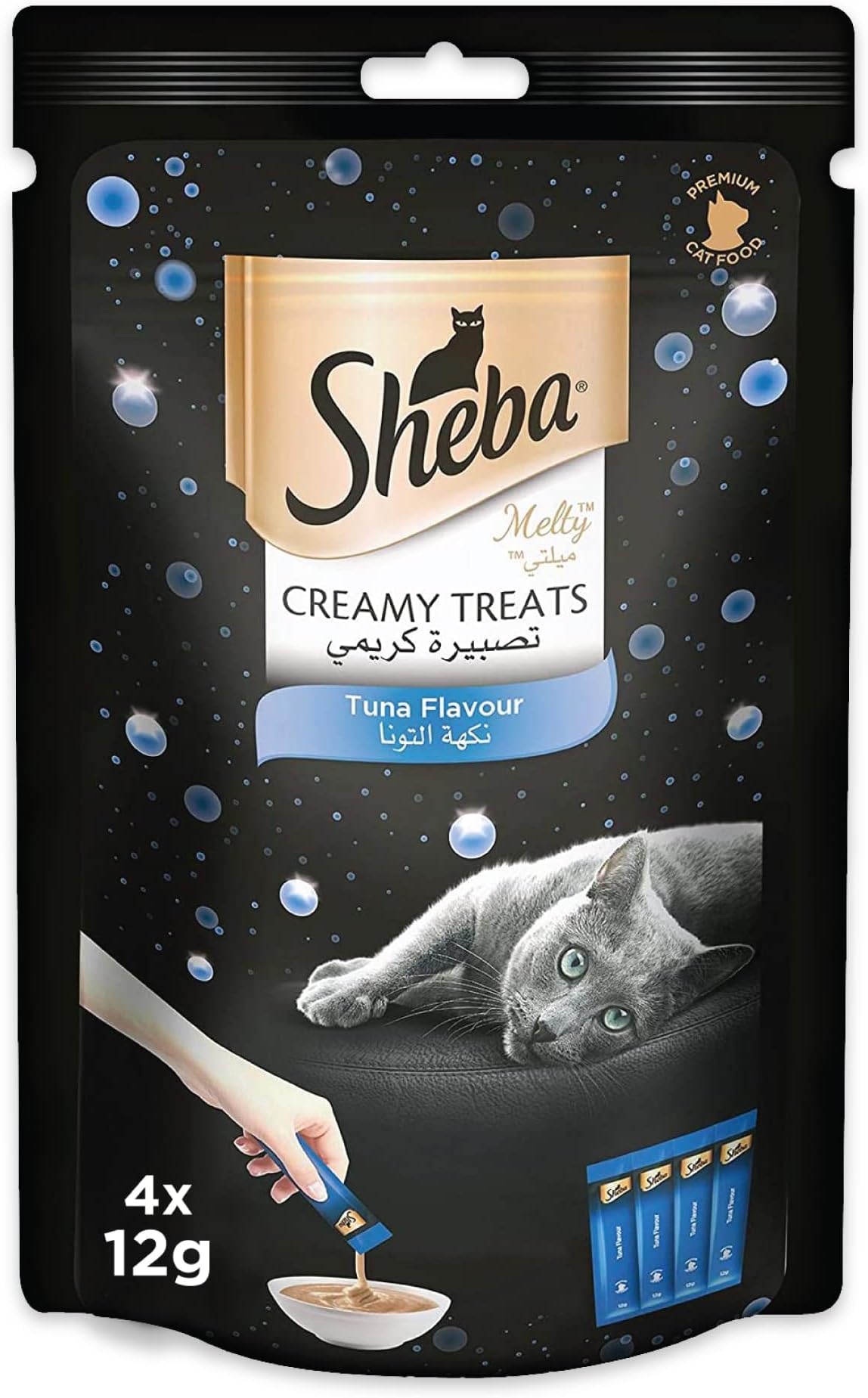 Sheba Cat Food, Melty Tuna Flavor Cat Food Wet Creamy Treats, Premium Luxurious Indulgence, Fed by Hand for a Special Moment so Your Cat Can Find Relish with this Sheba Wet Food Treat, Pack of 4x12g