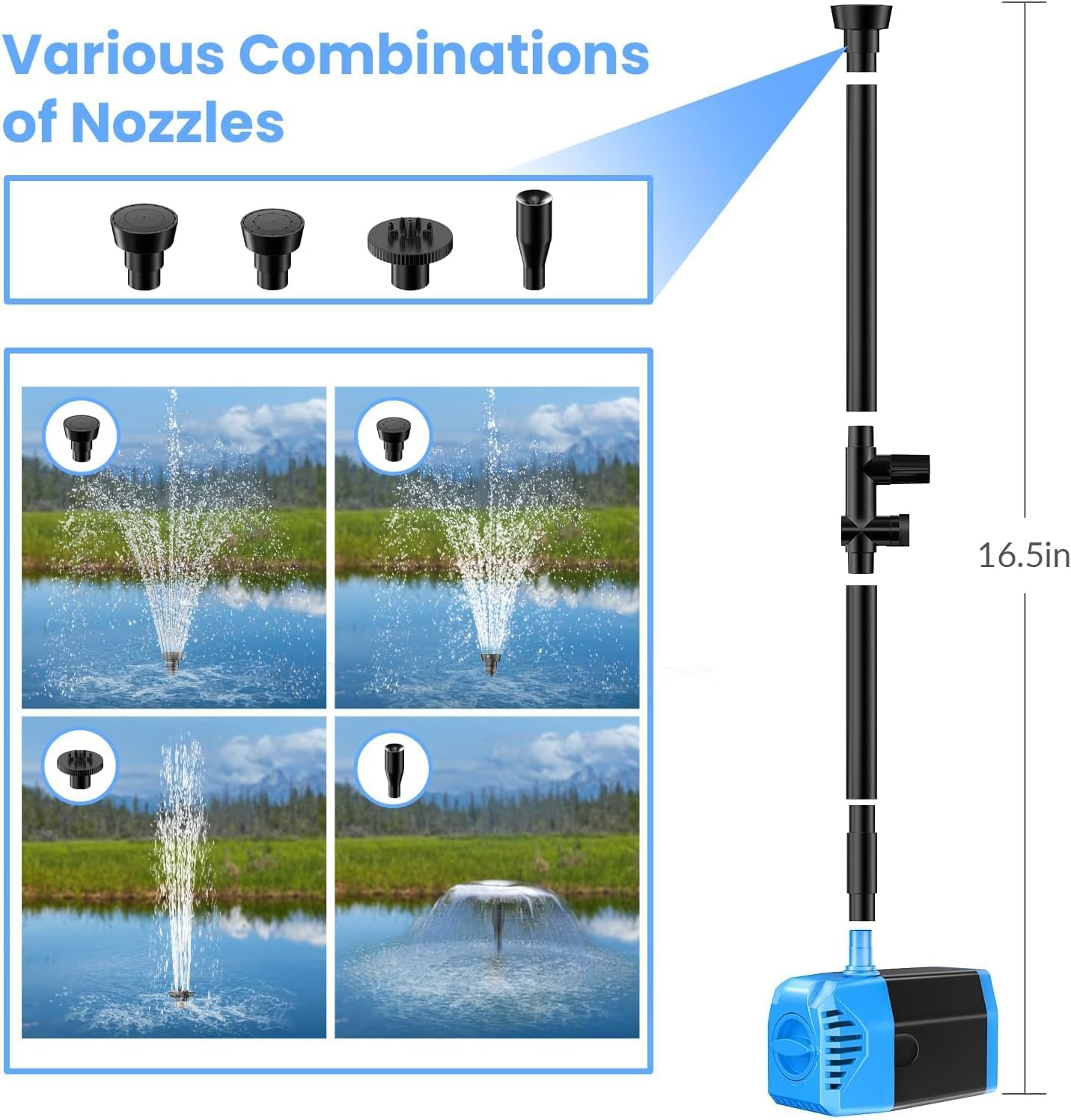 POPOSOAP 12W Solar Water Fountain Pump, 160GPH Solar Pond Pump with Dry-Run Protection, Solar Water Pump Kit with 4 Nozzles, 16.5ft Cord & 6.6ft Tubing for Ponds, Gardens,Hydroponics-P112L