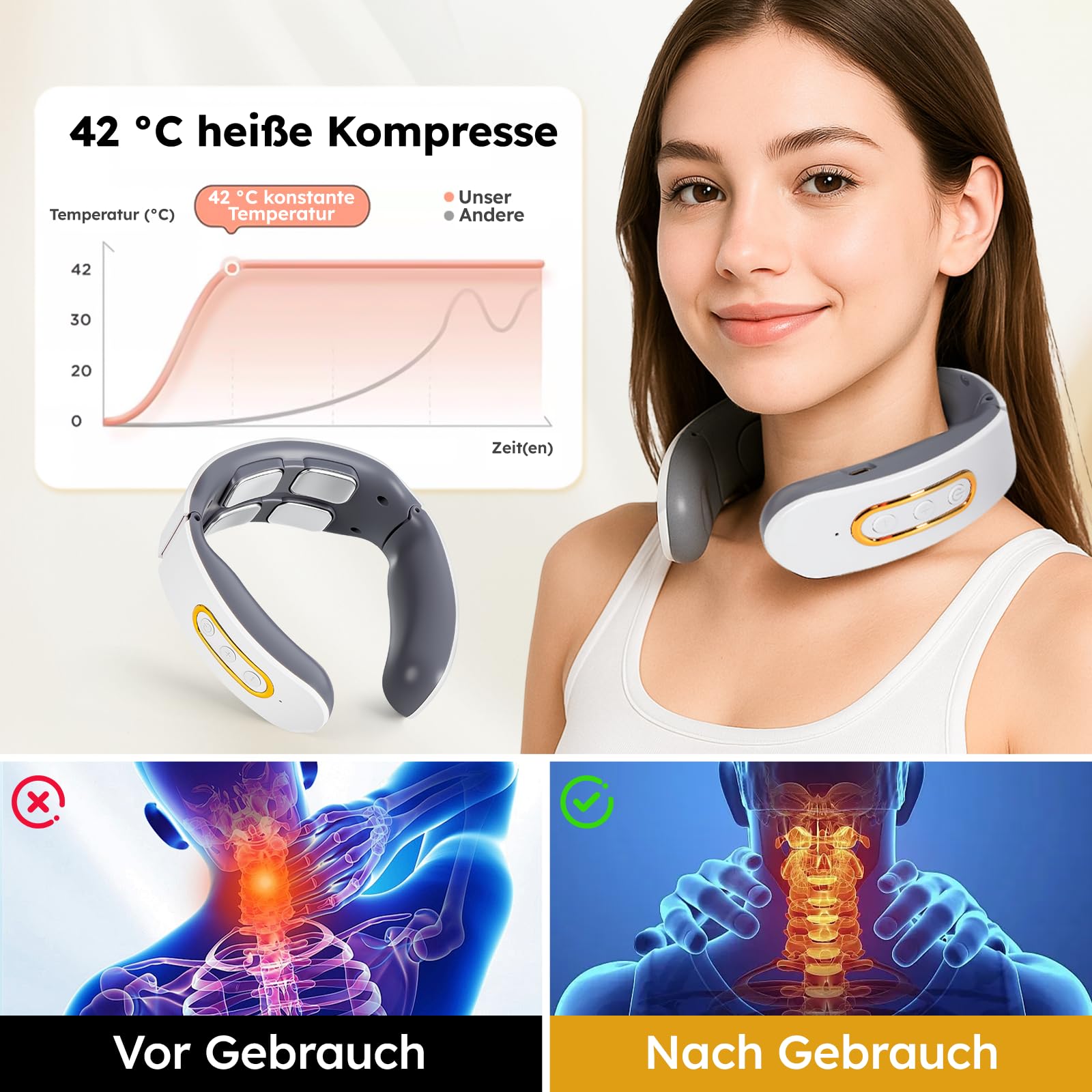 Neurotex Nackenmassagegerät,Mit Stimme und Bio-Neuro-Modulation,Tragbares Beheiztes Nackenmassagegerät,6 Modi,9 Intensitätsstufen,Elektrische Lmpulse Gegen Schmerzen für Damen Herren(Weiß)