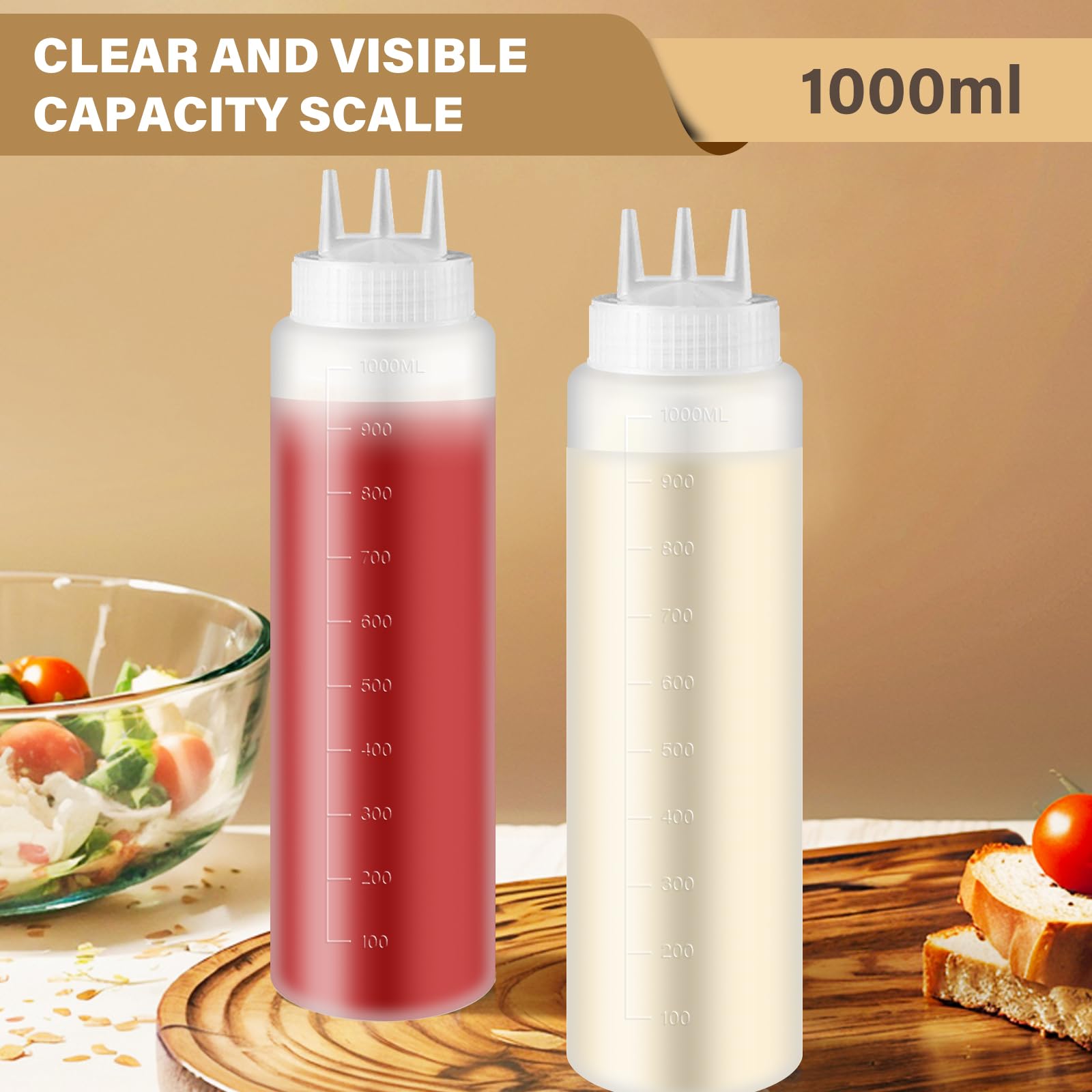 Vegena 4 Stück Quetschflasche 1000ml Squeeze Flasche, Quetschflaschen Aus Kunststoff Mit 3 Spritzdüsen, Aufkleber, Saucenflaschen Mit Messskala Spritzflaschen Für Saucen, Ketchup Und Salatdressing