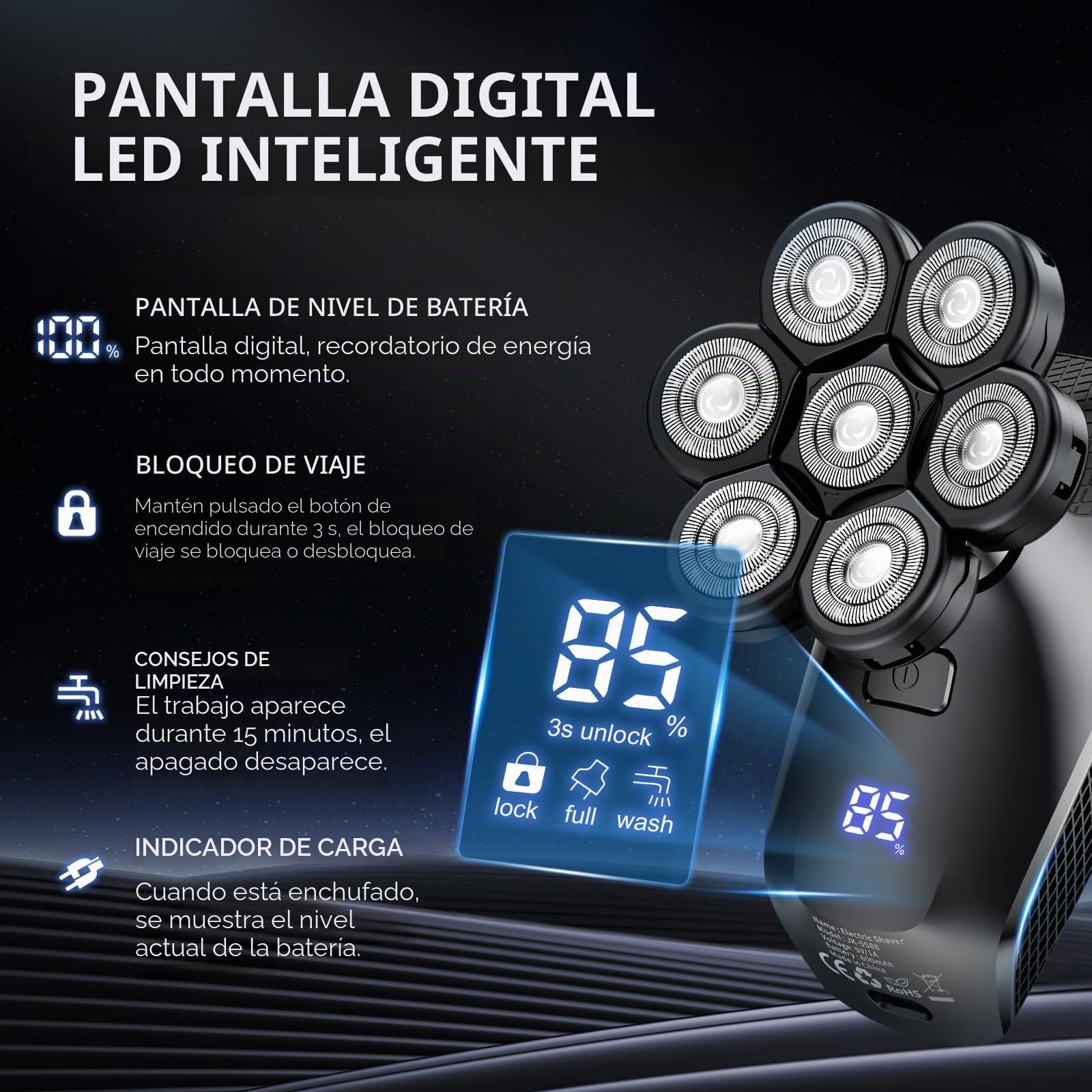 KENSEN Afeitadora Cabeza para Hombre, Afeitadora Eléctrica 5 en 1, Maquina de Afeitar Impermeable en Seco y Húmedo, Recortadora Barba con Pantalla LED