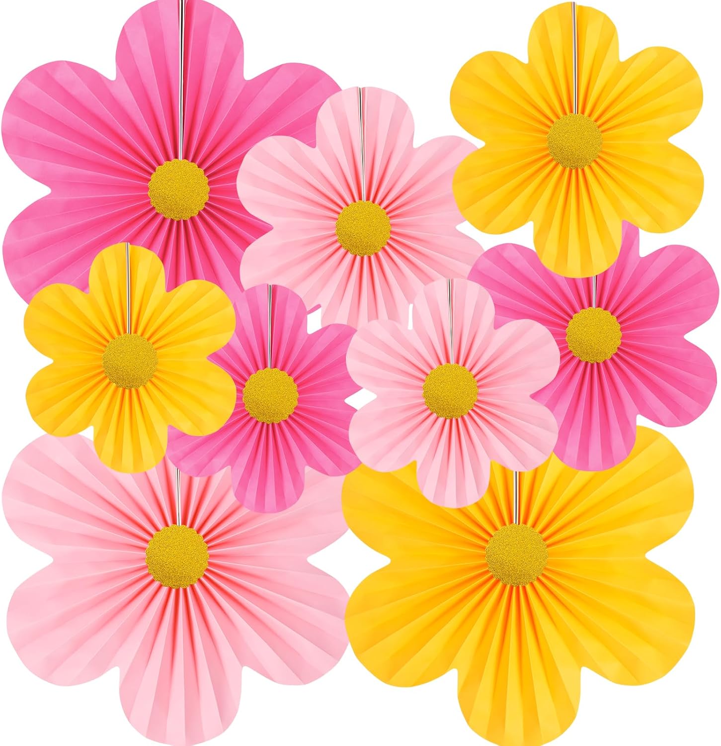 Pink Party Decorations Paper Flowers Decorations for Wall Classroom Paper Fans Floral Backdrop Flower Wall Decor Pack of 9 Pink Yellow