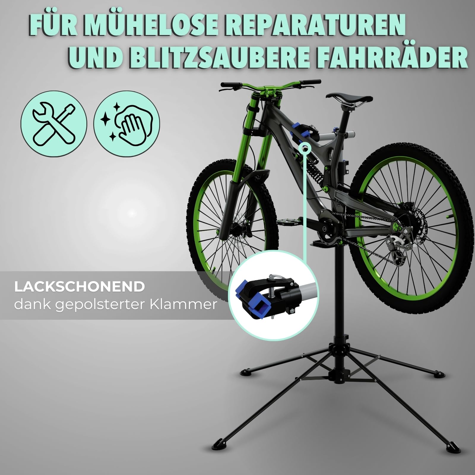HAGO24 E-Bike Montageständer in Schwarz I Tragkraft bis 50kg I Höhenverstellbarer Montageständer für Fahrräder I Robuster Fahrrad Reparaturständer aus Stahl I 360° drehbare Fahrradhalterung