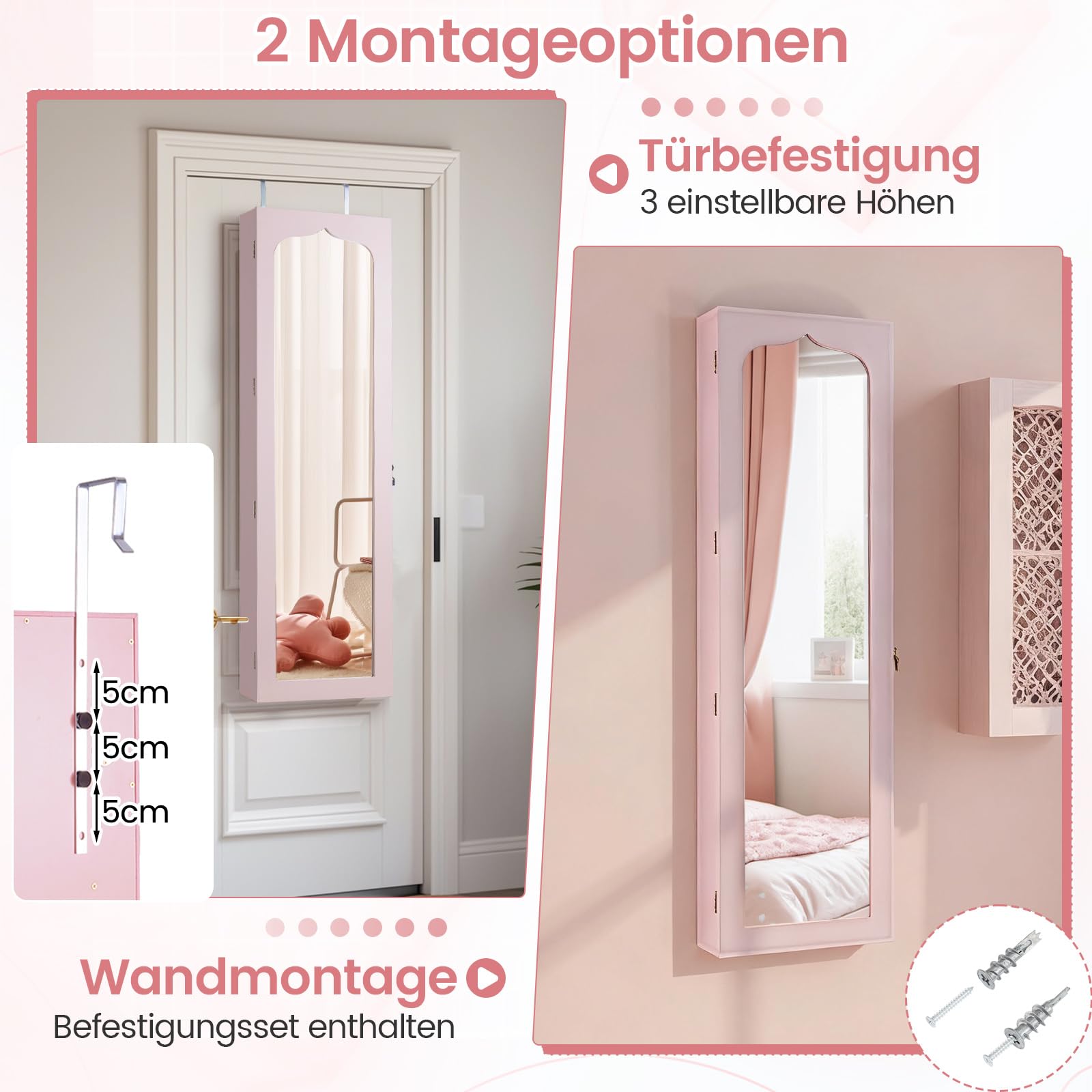 RELAX4LIFE Schmuckschrank mit automatischen LEDs, Schmuckregal mit 6 Schubladen & 3 Lagerregalen & Spiegel, Schmuckorganizer für Ohrringe Armband Kette Ringe Kosmetik, Tür- & Wandmontage (Rosa)