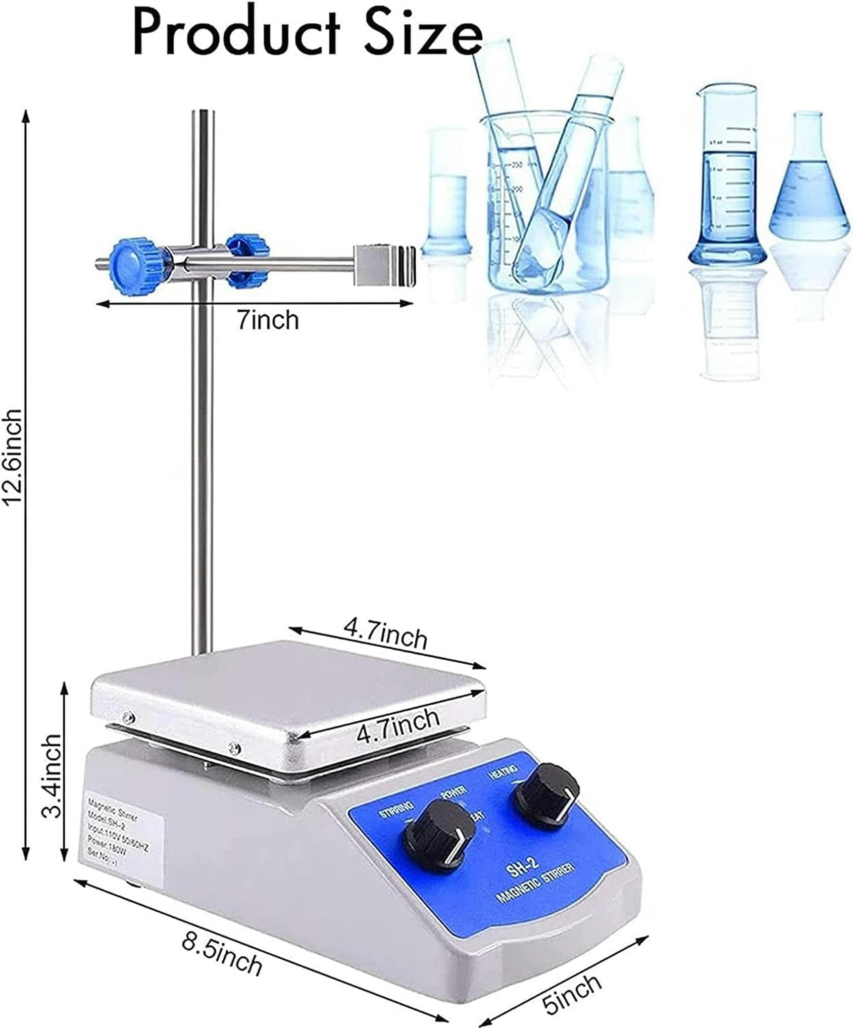 Potente agitador magnético de laboratorio, placa caliente de agitador magnético con calefacción, potencia de calefacción de 180 W 0-1600 RPM con soporte para laboratorio, aula, investigación