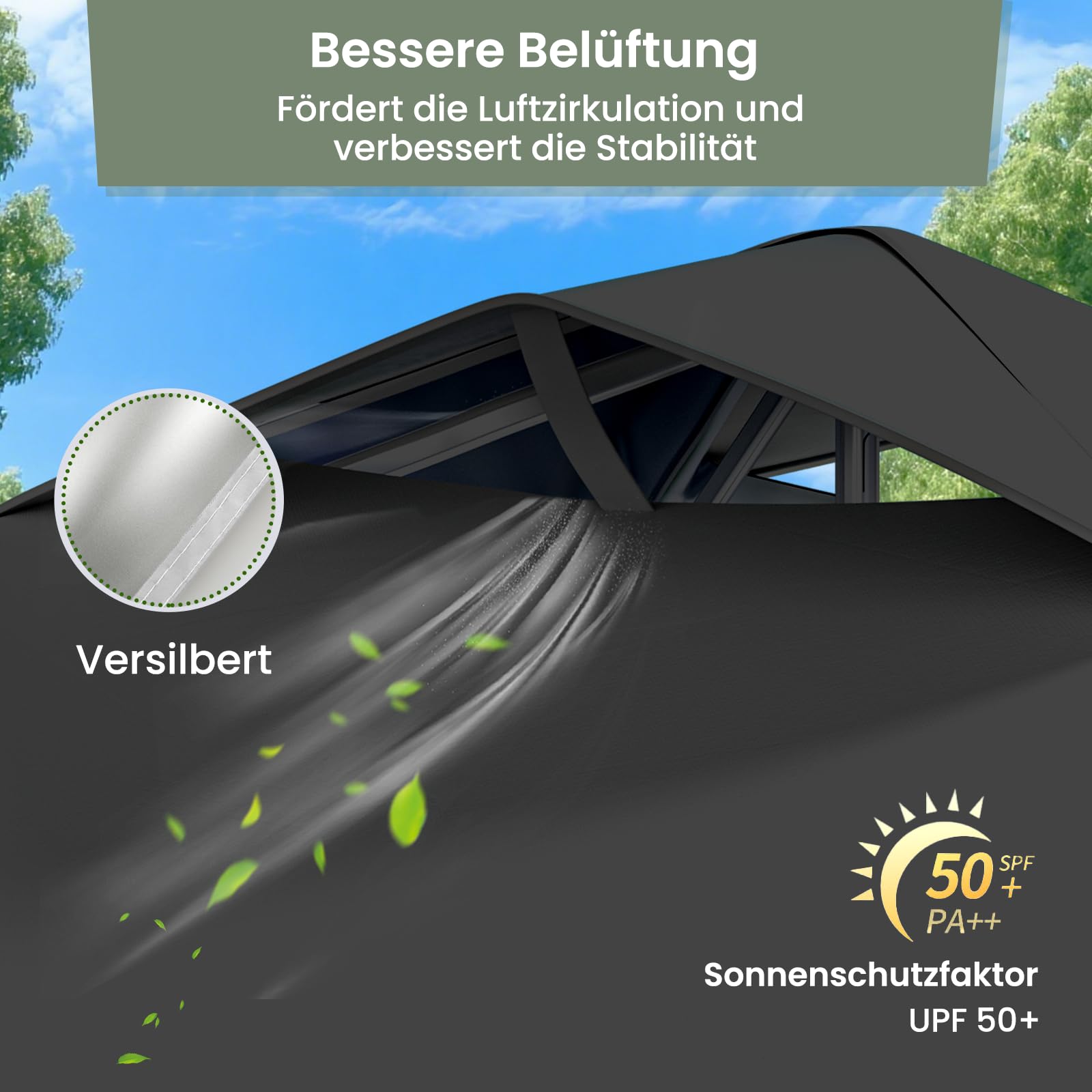 GVDV Pavillon 3x3 Pop Up Wasserdicht mit 4 Seitenteilen, Rollentasche | UPF 50+, PU-beschichtetes Dach, Dachlüfter, höhenverstellbar, inkl. Gewichte, Heringe und Abspannseile, Winterfest, Schwarz