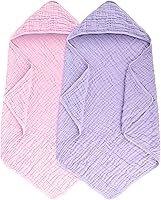 Synrroe 2 Pack Hooded Muslin Cotton Baby Towels 32x32 Inch Pink & Purple - Ultra Soft Absorbent for Newborns to Toddlers